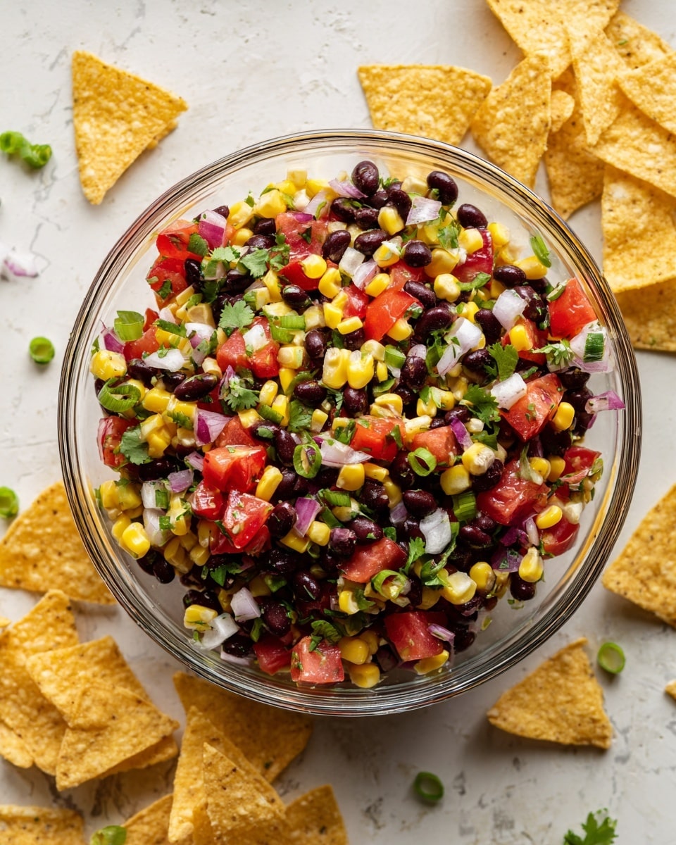 A clear glass bowl filled with a colorful black bean salad, showing a mix of black beans, bright yellow corn kernels, chopped red tomatoes, small white onion pieces, and green chopped herbs, all mixed together evenly in one layer. The bowl is placed on a white marbled surface and surrounded by light yellow tortilla chips with a slightly speckled texture, arranged loosely around the bowl. The overall colors include black, yellow, red, white, and green, creating a fresh and vibrant look. Photo taken with an iphone --ar 4:5 --v 7