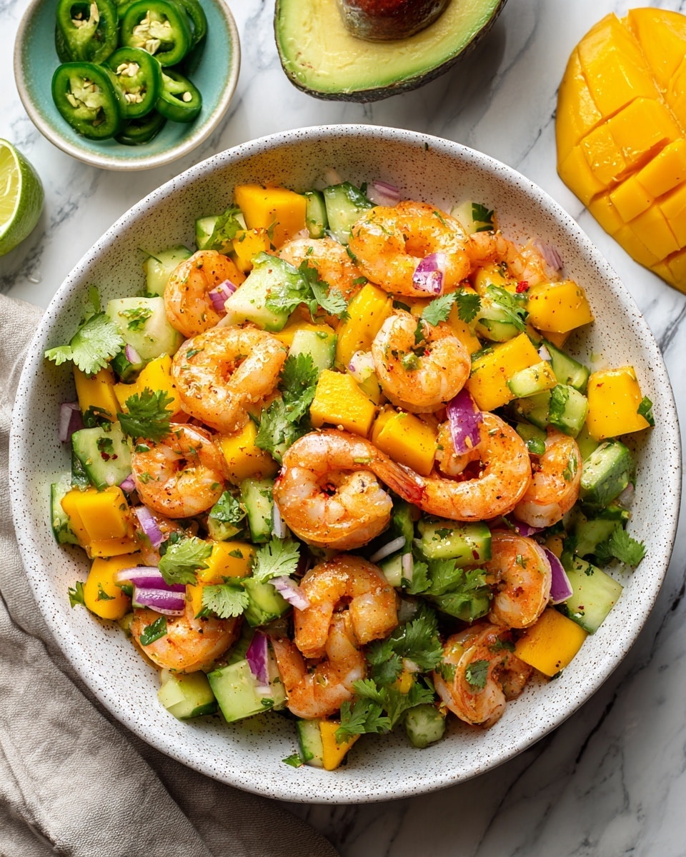 The image shows a bowl with a shrimp and mango salad placed on a white marbled surface. The bowl contains several layers: plump, pink shrimp with a shiny texture form the top layer, mixed with bright yellow mango cubes that look juicy and smooth. Below and around these, there are green cucumber pieces cut into small chunks with a slightly watery texture, mixed with thin slices of purple-red onion adding a slight crunch. Small red bell pepper pieces and fresh green cilantro leaves are spread throughout, adding pops of color and a fresh look. In the background, there is a half avocado and a mango, sliced open, adding more depth to the image. The photo taken with an iphone --ar 4:5 --v 7