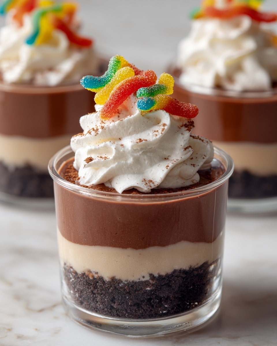 The image shows a clear glass cup filled with a dessert that has three visible layers. The bottom layer is dark and crumbly, looking like crushed chocolate cookies. The middle layer is smooth and shiny, with rich dark brown chocolate. The top layer is white and fluffy whipped cream with soft swirls. On top of the whipped cream are colorful gummy worms in red, yellow, and green colors, adding a playful touch. The cups are placed on a white marbled surface and blurred versions of the same dessert can be seen in the background. photo taken with an iphone --ar 4:5 --v 7