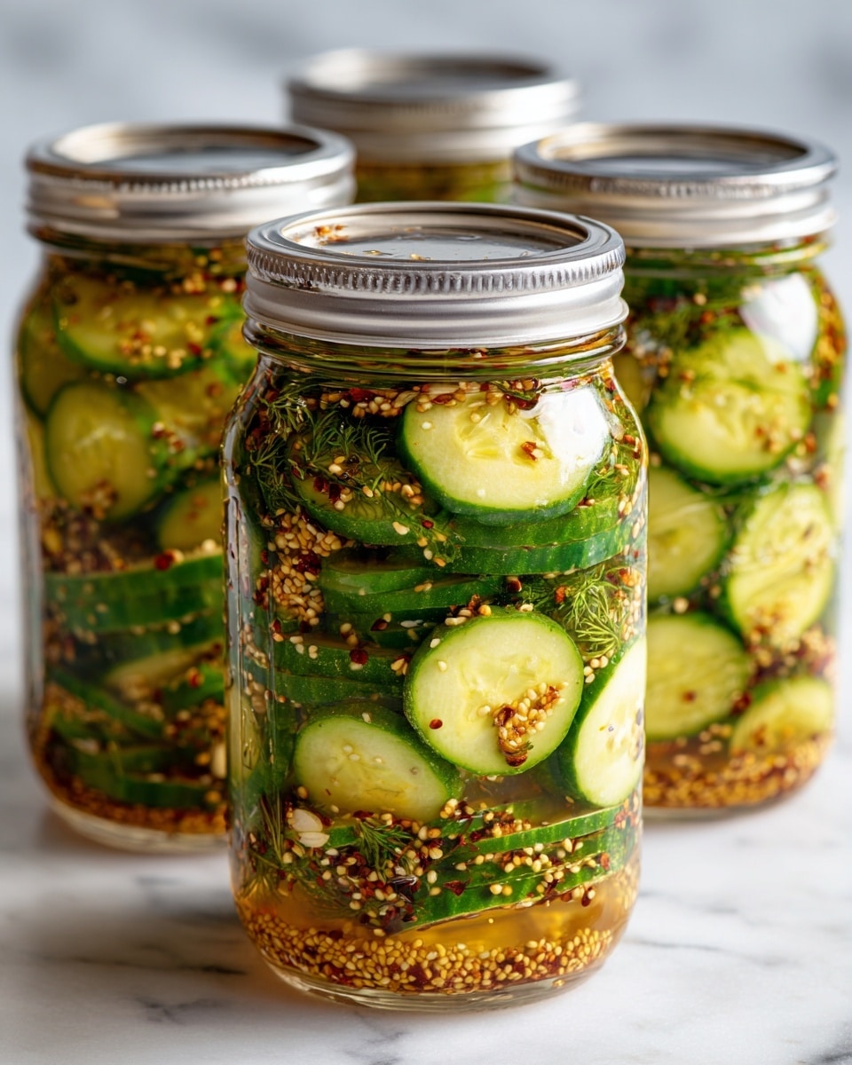 The image shows three clear glass jars filled with pickles, arranged in a close group on a white marbled surface. Each jar has visible layers, starting with round green cucumber slices spread evenly throughout, mixed with small yellow mustard seeds, thin brown mustard stems, and darker brown spices. The jars are sealed with silver metal lids that have a ridged edge. The pickles appear wet and shiny with a bright green and yellow color mix, giving a fresh and tangy look. photo taken with an iphone --ar 4:5 --v 7
