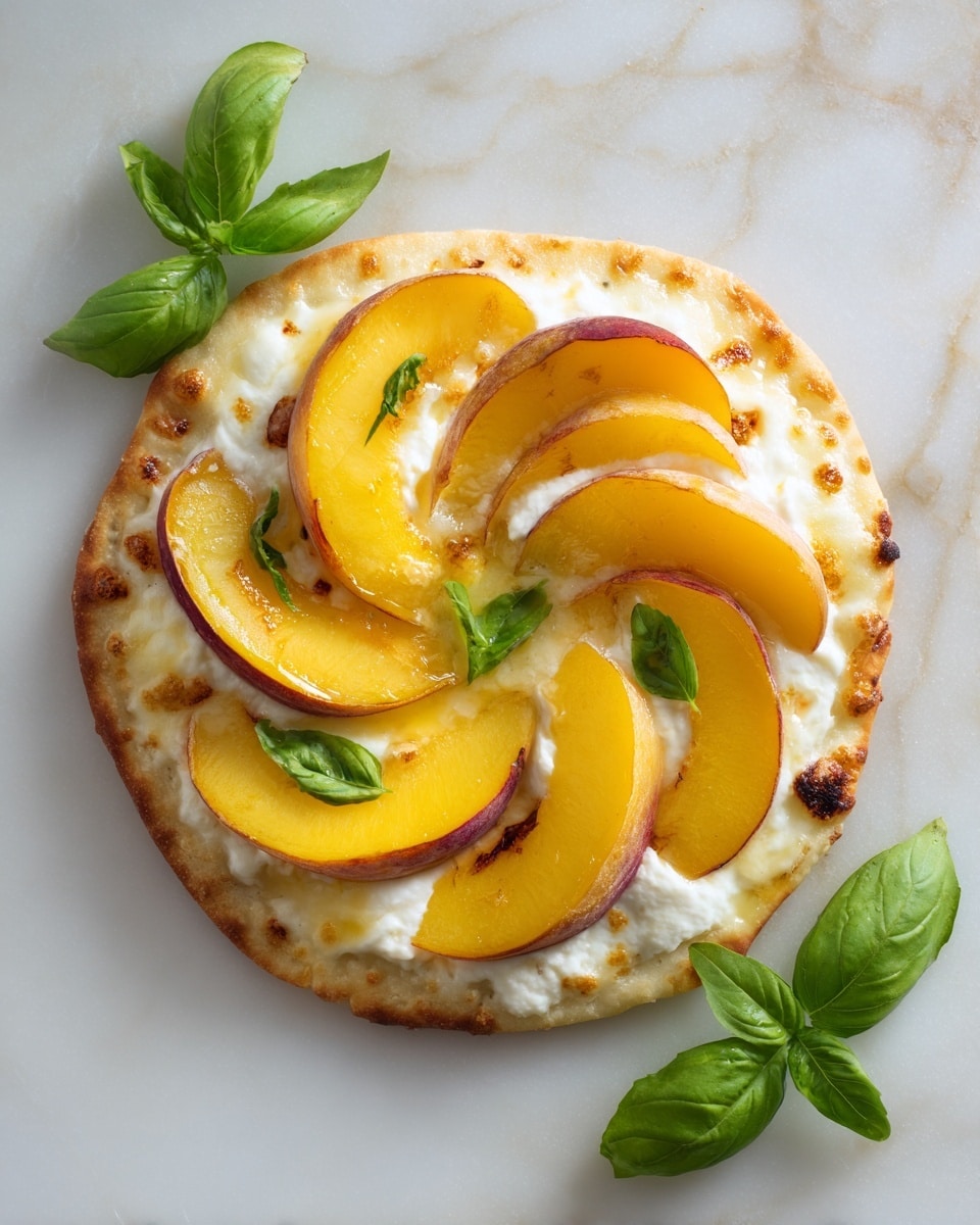 The image shows a small round flatbread pizza with light golden-brown crust on a white marbled surface. The bottom layer is the flatbread crust, topped with a layer of melted creamy white cheese that has golden brown spots where it is baked slightly. On top, there are thick slices of yellow-orange peach arranged evenly in a circular pattern, some with red edges showing. Dollops of soft white cheese or ricotta are scattered between the peach slices. Small bright green basil leaf pieces are sprinkled over the dish for color contrast. Fresh basil leaves are placed beside the pizza. Photo taken with an iphone --ar 4:5 --v 7