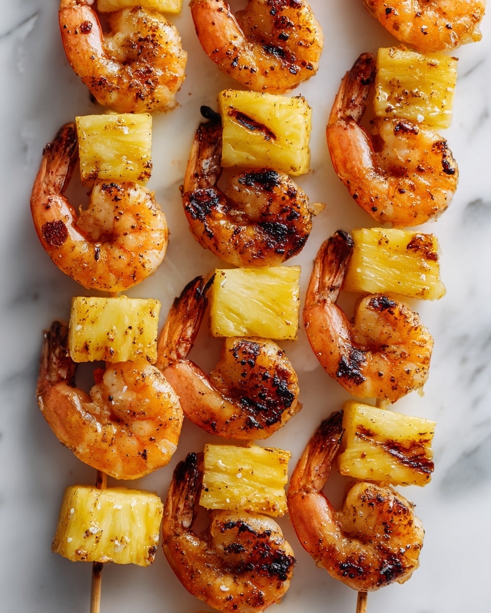 The image shows close-up skewers with alternating grilled shrimp and golden pineapple chunks. Each skewer has about four pieces of shrimp, which are orange with visible grill marks, and three yellow pineapple pieces with a slightly caramelized texture. The skewers are laid out on a white plate on a white marbled surface. photo taken with an iphone --ar 4:5 --v 7
