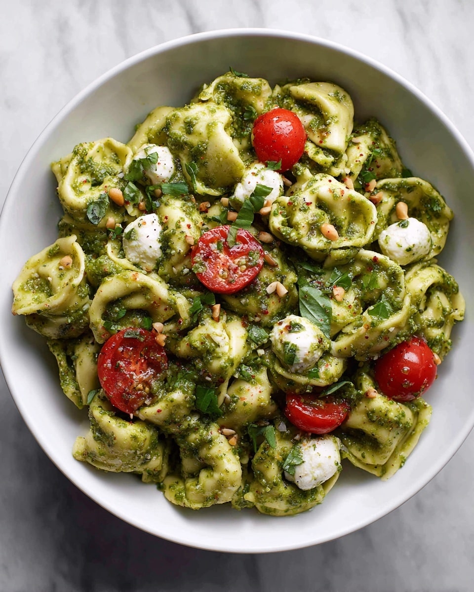 A white bowl filled with green pesto-covered tortellini pasta arranged in layers, mixed with fresh white mozzarella balls evenly spread throughout. Bright red cherry tomato halves are scattered on top, adding a pop of vibrant color. Small, light brown pine nuts are sprinkled over the entire dish, enhancing texture. The pasta and toppings are coated lightly with a green herb sauce, creating a fresh appearance. The bowl is placed on a white marbled surface. Photo taken with an iphone --ar 4:5 --v 7