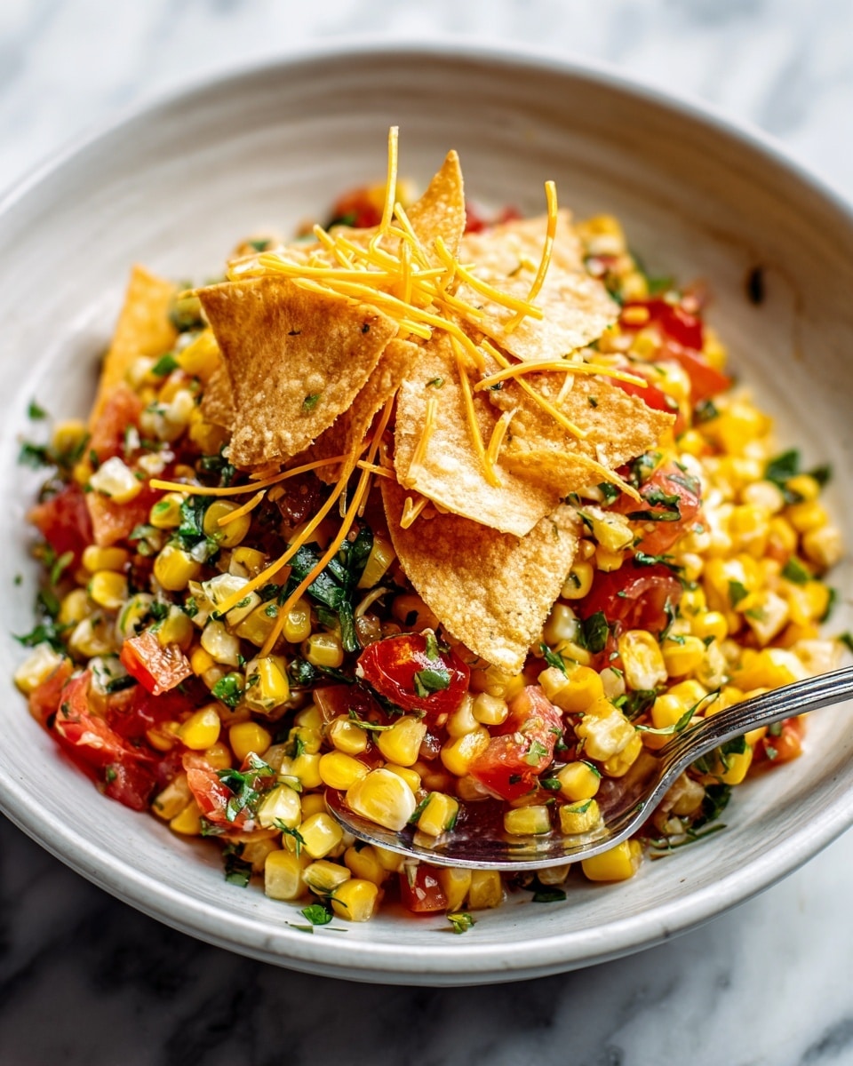 The image shows a close-up of a colorful corn salad served in a white bowl on a white marbled surface. The salad has three main layers: the base is made of bright yellow corn kernels mixed with small pieces of chopped red tomatoes and green herbs, giving a fresh and juicy look. On top, there is a layer of crunchy light brown tortilla chips scattered unevenly, adding texture. The salad is sprinkled with thin strands of orange shredded cheese, adding a soft and rich touch. A silver spoon is placed inside the bowl, partially lifting some of the salad. Photo taken with an iphone --ar 4:5 --v 7