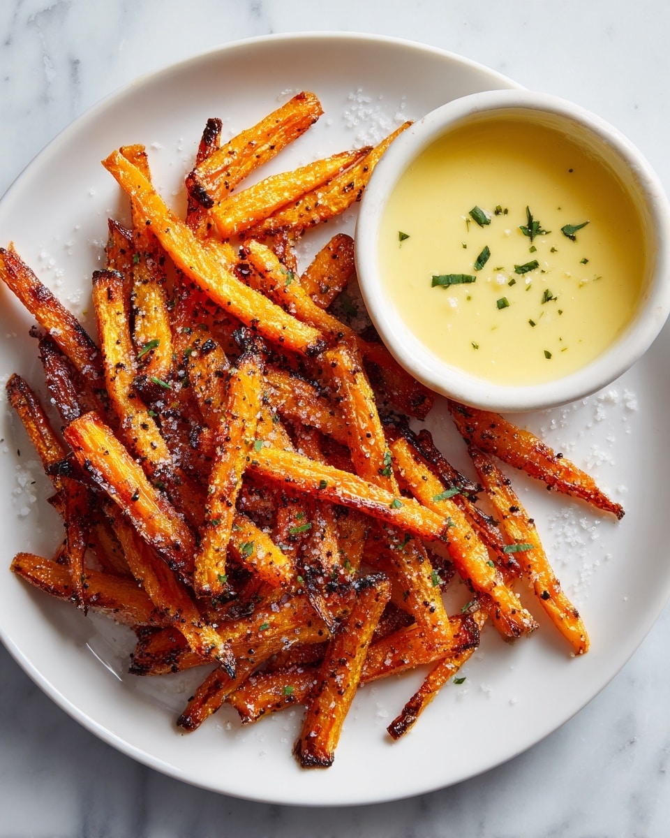 The image shows a white plate piled with crispy, golden-orange sweet potato fries sprinkled generously with coarse salt and black pepper, giving a crunchy texture on the outside. The fries are thick-cut and stacked in a casual heap, showing a bright orange inside and slightly browned edges. To the top right of the plate is a small white bowl filled with a smooth, creamy pale yellow dipping sauce, garnished with a small green herb leaf. A sprig of fresh green dill lies beside the plate on a white marbled surface. photo taken with an iphone --ar 4:5 --v 7