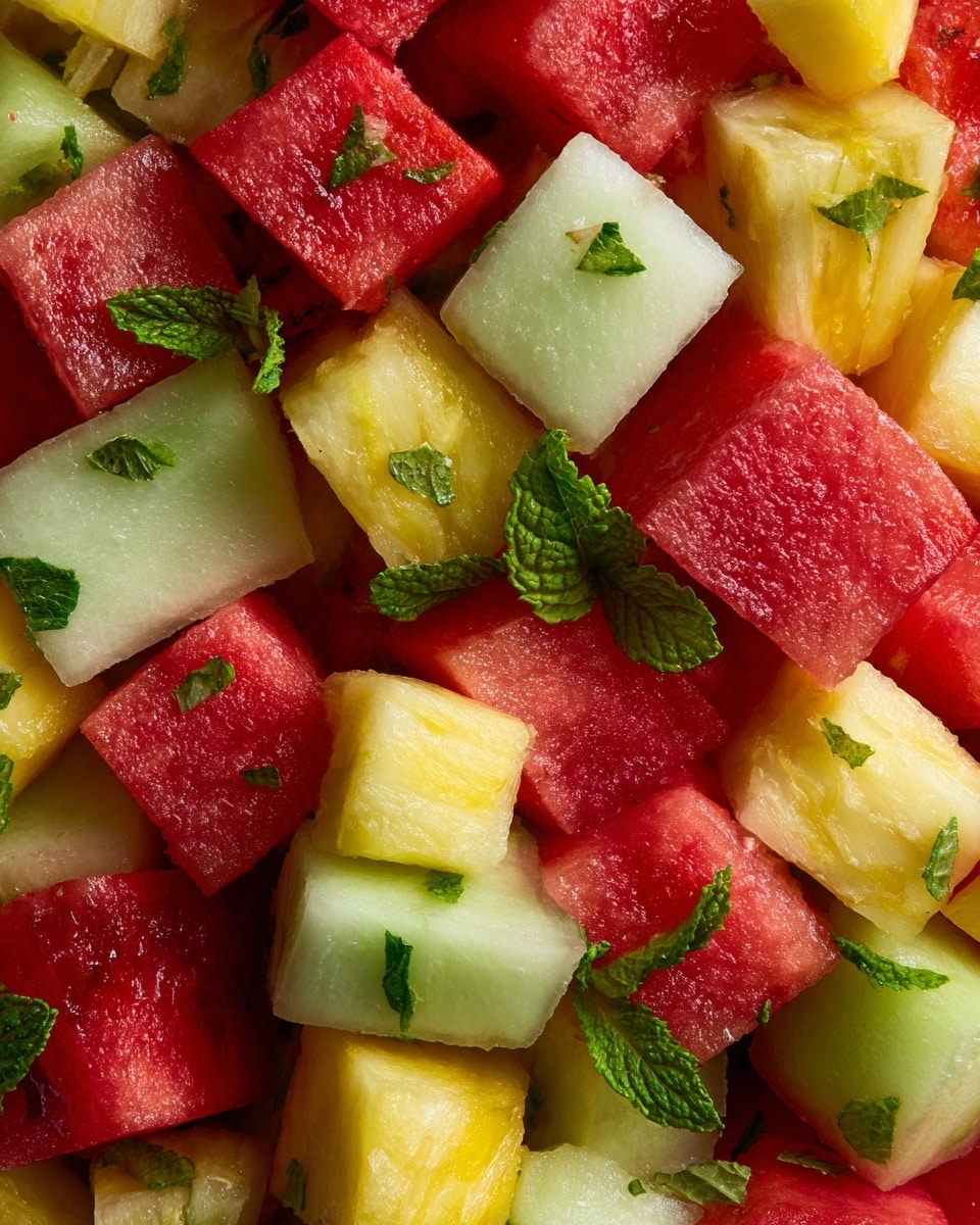 This close-up image shows a colorful mix of fruit cubes tightly packed together, featuring bright red watermelon, pale green honeydew melon, golden yellow pineapple, and light orange cantaloupe. Each fruit piece has a fresh, juicy texture with tiny water droplets visible, and small dark green mint leaves are scattered evenly across the fruit layers, adding a touch of contrast. The image is focused closely on the fruit, filling the entire frame with no visible dish or background, but imagine it resting on a white marbled surface. The vibrant colors and textures create a fresh and appetizing look. Photo taken with an iphone --ar 4:5 --v 7