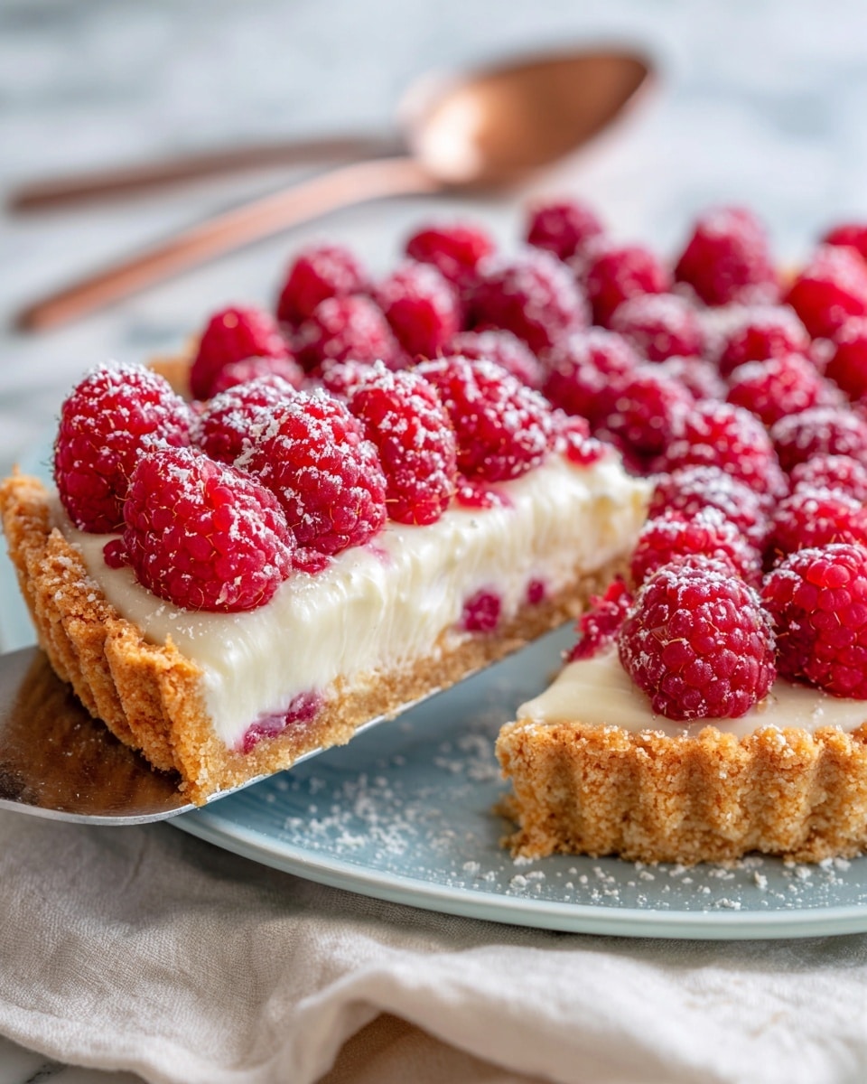 A slice of tart lifted on a silver spatula shows three clear layers: a golden-brown crust with a rough edge, a thick creamy white filling in the middle, and bright red raspberries studded in the filling on top, dusted lightly with white powdered sugar. The tart is on a white plate, sitting on a soft beige cloth, with a blurred silver spoon and a couple of loose raspberries on a white marbled surface in the background. Photo taken with an iphone --ar 4:5 --v 7