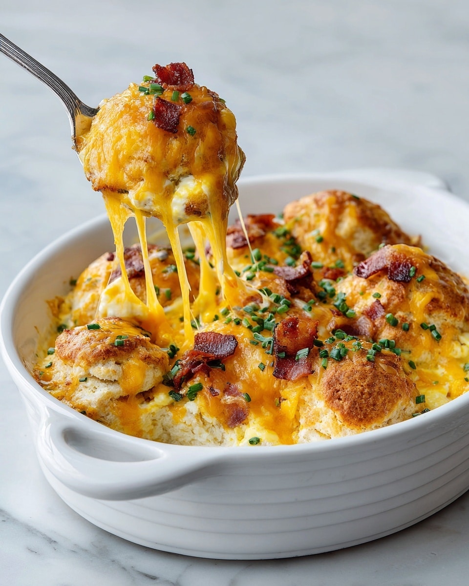 A white rectangular casserole dish filled with a baked cheddar bay biscuit egg casserole. The base layer consists of fluffy scrambled eggs with a light yellow color and soft texture. On top of the eggs, there are golden-brown cheddar bay biscuits, slightly crispy on the outside and soft inside, arranged closely together covering the eggs. Melted shredded cheddar cheese is draped over the biscuits, with some cheese stretching as a silver spoon lifts a portion. Small pieces of crispy bacon and chopped green chives are scattered across the top, adding colors of deep reddish-brown and fresh green. The background surface is white marble. Photo taken with an iphone --ar 4:5 --v 7