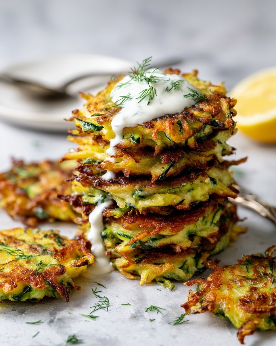 The image shows a stack of six crispy zucchini fritters with golden-brown edges and a rough, curly texture, layered evenly on top of each other. The fritters are light green with flecks of darker green zucchini skin and some white zucchini flesh visible inside. On top of the stack is a smooth, creamy white dollop of sour cream, garnished with small green sprigs of fresh dill. The fritters sit on a white marbled textured surface scattered with small green dill sprigs and coarse salt crystals. Nearby, there is a white plate with more fritters, a halved lemon, a silver spoon with white creamy dip, and a silver fork. photo taken with an iphone --ar 4:5 --v 7