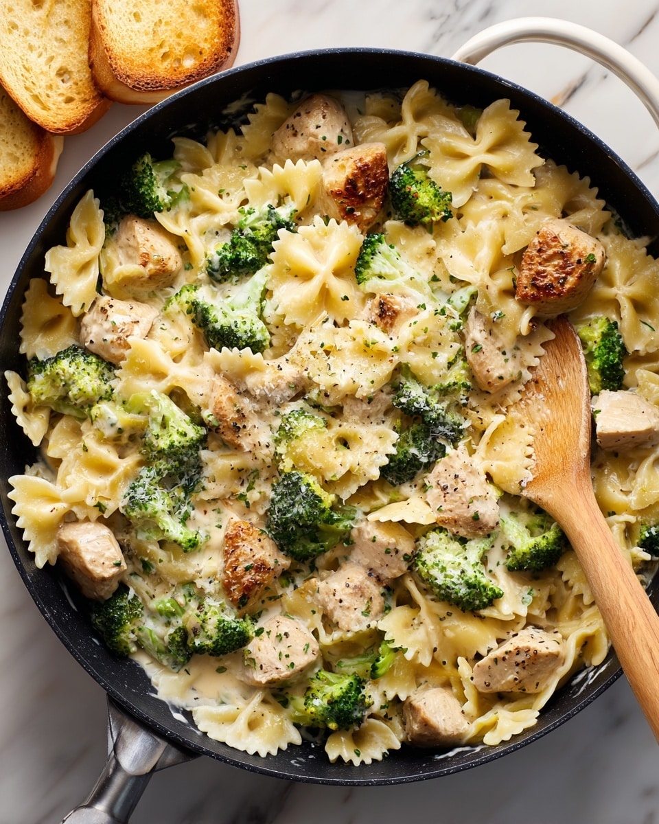 A close-up of a black skillet filled with a creamy pasta dish featuring three main layers: bowtie pasta in pale yellow with a smooth, creamy sauce coating every piece; vibrant green broccoli florets scattered evenly throughout the pasta; and tender light brown chicken chunks interspersed among the pasta and broccoli, all stirred gently with a wooden spoon resting on the right side. In the background, a couple of slices of toasted bread are visible on a white marbled surface. photo taken with an iphone --ar 4:5 --v 7