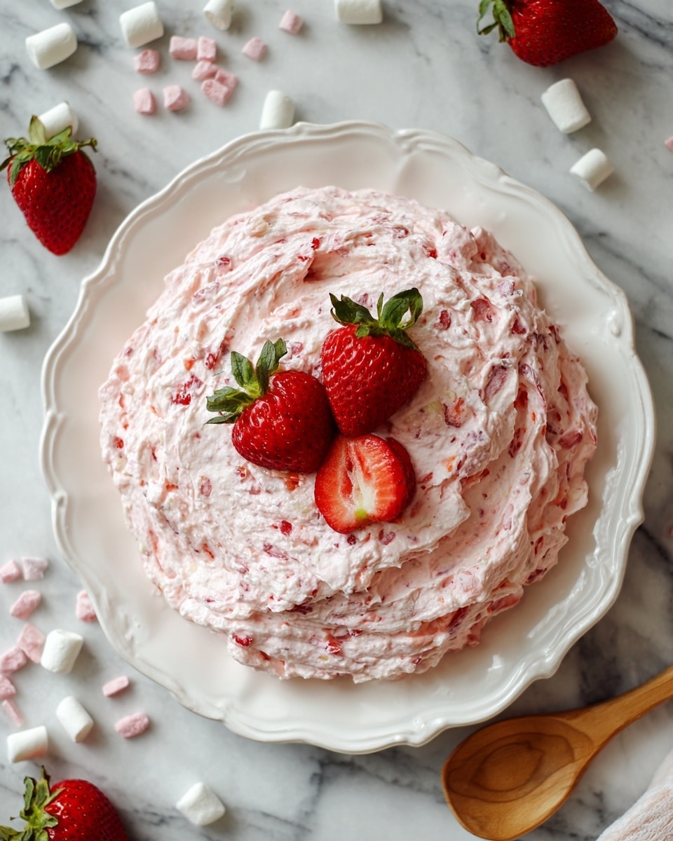 A creamy pink salad made of a smooth, thick mixture with small red strawberry pieces spread evenly inside, served in a white ornate plate with raised floral patterns around the edges. On top, three fresh red strawberries, including one cut in half showing its pale inside, rest as decoration. The plate sits on a white marbled surface scattered with small white marshmallows and small diced red strawberry pieces, along with a wooden spoon holding more strawberries. The scene looks soft with natural light highlighting the texture. Photo taken with an iphone --ar 4:5 --v 7