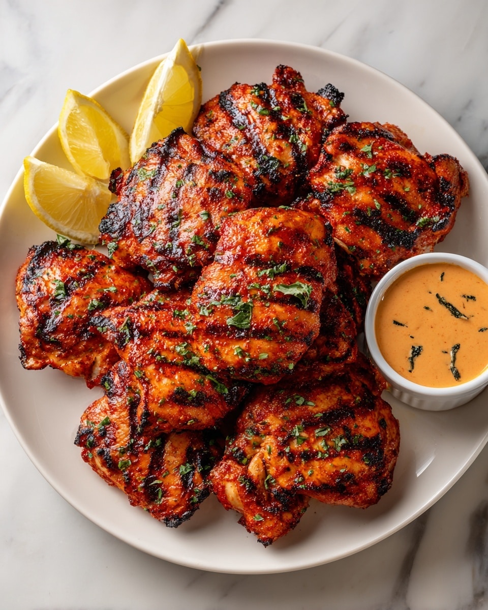 A white plate full of grilled chicken pieces stacked together, each piece showing a rich orange-brown color with dark char marks and sprinkled with chopped green herbs. On the left side of the plate, there are three lemon wedges with bright yellow skin and juicy interior. On the right side, a small white bowl holds a creamy orange sauce with green herb bits mixed in. The plate rests on a white marbled surface. photo taken with an iphone --ar 4:5 --v 7