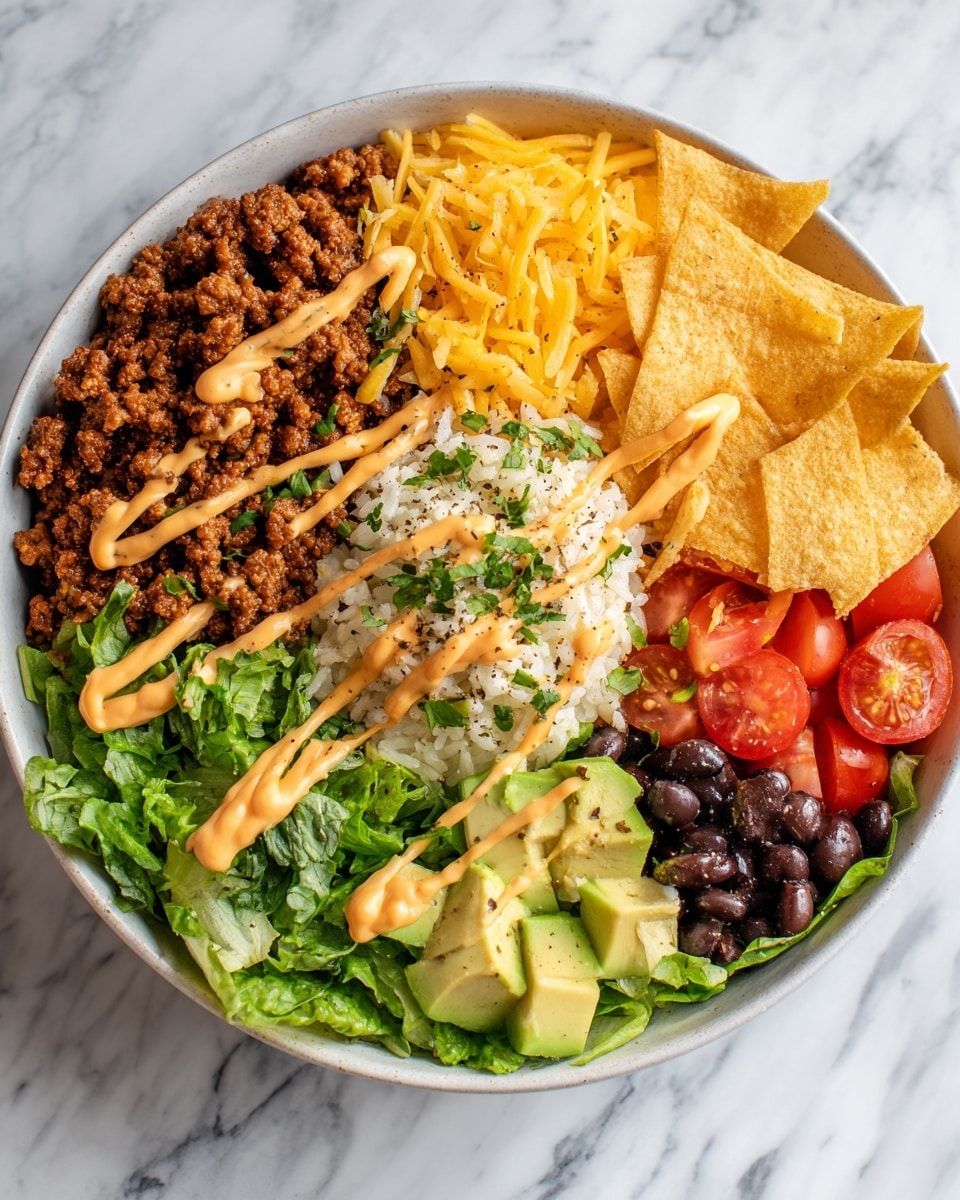 A white bowl on a white marbled surface holds a colorful layered dish. The bowl is divided into sections, starting from the left with dark brown ground meat topped with light brown sauce and tiny green herb leaves. Next to it, shredded bright orange cheese lies below a large dollop of white cottage cheese, which is also drizzled with light brown sauce and sprinkled with black pepper and small green herbs. In the top center, fresh green lettuce leaves add a crisp texture, while bright red tomato slices with green herbs sit just to the right. On the right side of the bowl, there are pale yellow tortilla chips, and next to them are green avocado chunks with black pepper sprinkled on top. At the bottom right, shiny black beans are sauced lightly with the same brown sauce and garnished with small green herb leaves. photo taken with an iphone --ar 4:5 --v 7