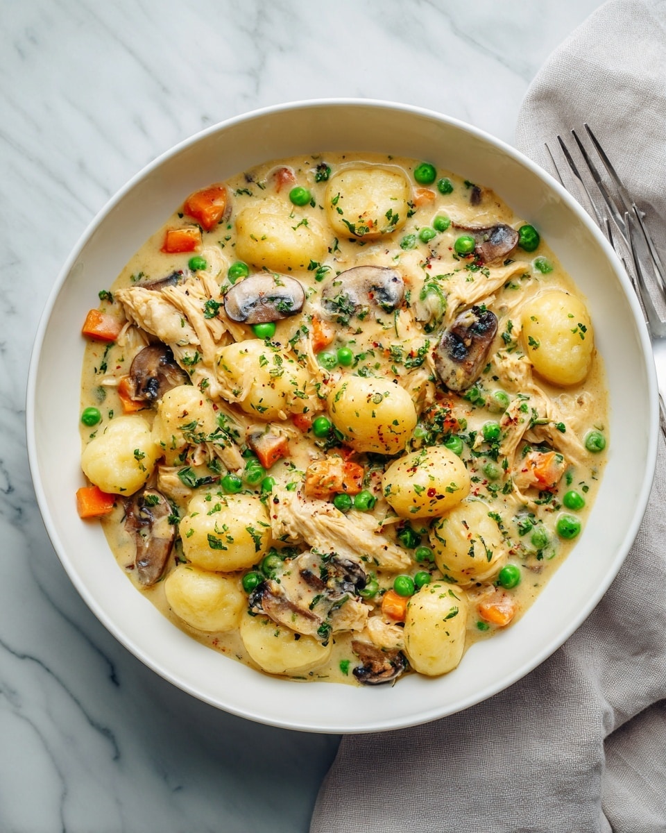 A white bowl is filled with a creamy dish showing multiple layers and textures: soft, round, light golden gnocchi pieces at the base mixed with tender chunks of shredded chicken; above them are thick, brown mushroom slices and bright green peas scattered around along with small cubes of orange carrot, all coated in a shiny, rich beige sauce speckled with herbs and pepper flakes. The entire bowl sits on a white marbled surface, with a white cloth partially visible nearby. Photo taken with an iphone --ar 4:5 --v 7