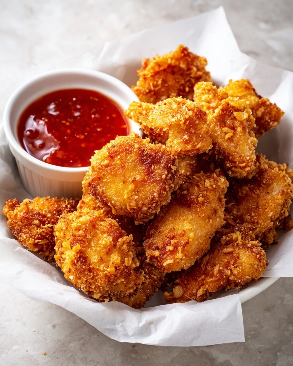 A white bowl filled with several pieces of golden brown fried chicken with a crunchy, textured coating showing crispy ridges and cracks on each piece, placed to create a full, layered look. To the left of the bowl, a small white ramekin contains smooth, bright red-orange dipping sauce with a glossy surface. The bowl and ramekin are set on a white marbled texture surface. photo taken with an iphone --ar 4:5 --v 7