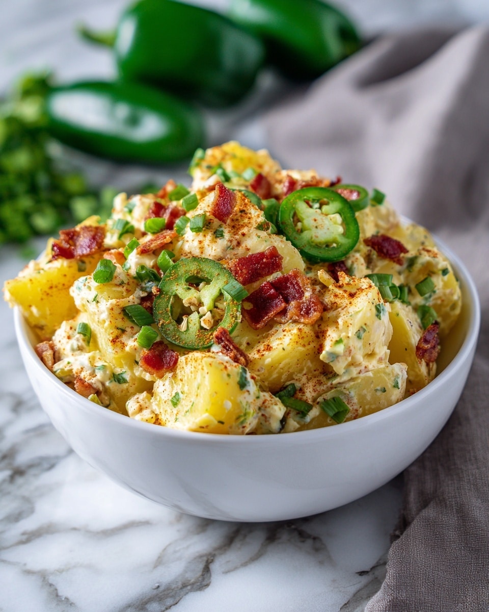 A white bowl filled with a colorful potato salad placed on a white marbled surface. The salad has yellow chunks of potato mixed with a creamy white dressing. There are small green pieces of chopped green onion and slices of green jalapeño pepper on top, along with crispy reddish-brown bacon bits scattered around. The vibrant mix of yellow, green, creamy white, and reddish-brown colors creates a fresh and appetizing look. Photo taken with an iphone --ar 4:5 --v 7