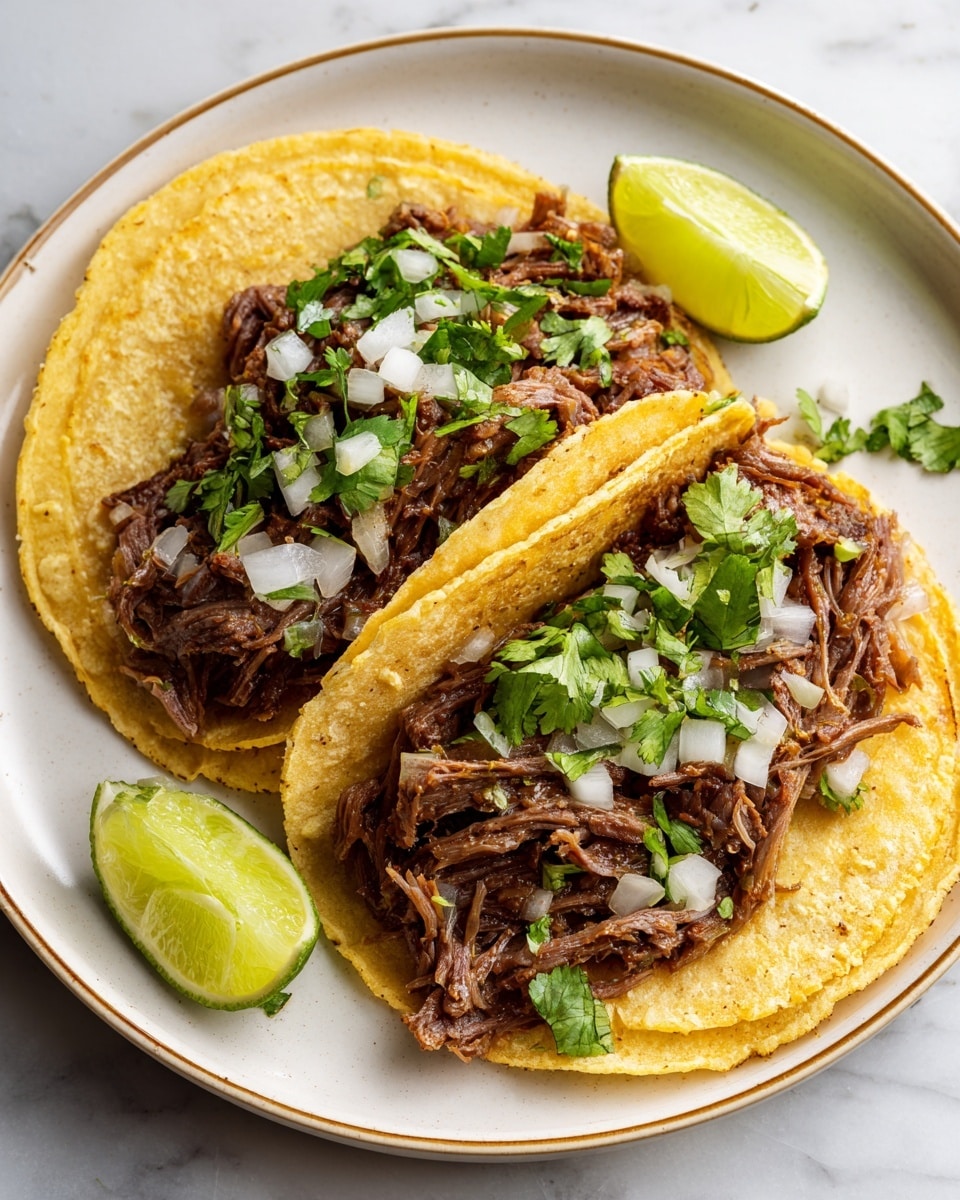 A white plate holds two soft yellow corn tortillas stacked slightly open, each filled with shredded brown beef topped with small white onion pieces and green cilantro leaves. On the left side of the plate, two lime wedges sit partially on the edge. The scene is set on a white marbled surface, and the overall look is fresh and simple. Photo taken with an iphone --ar 4:5 --v 7