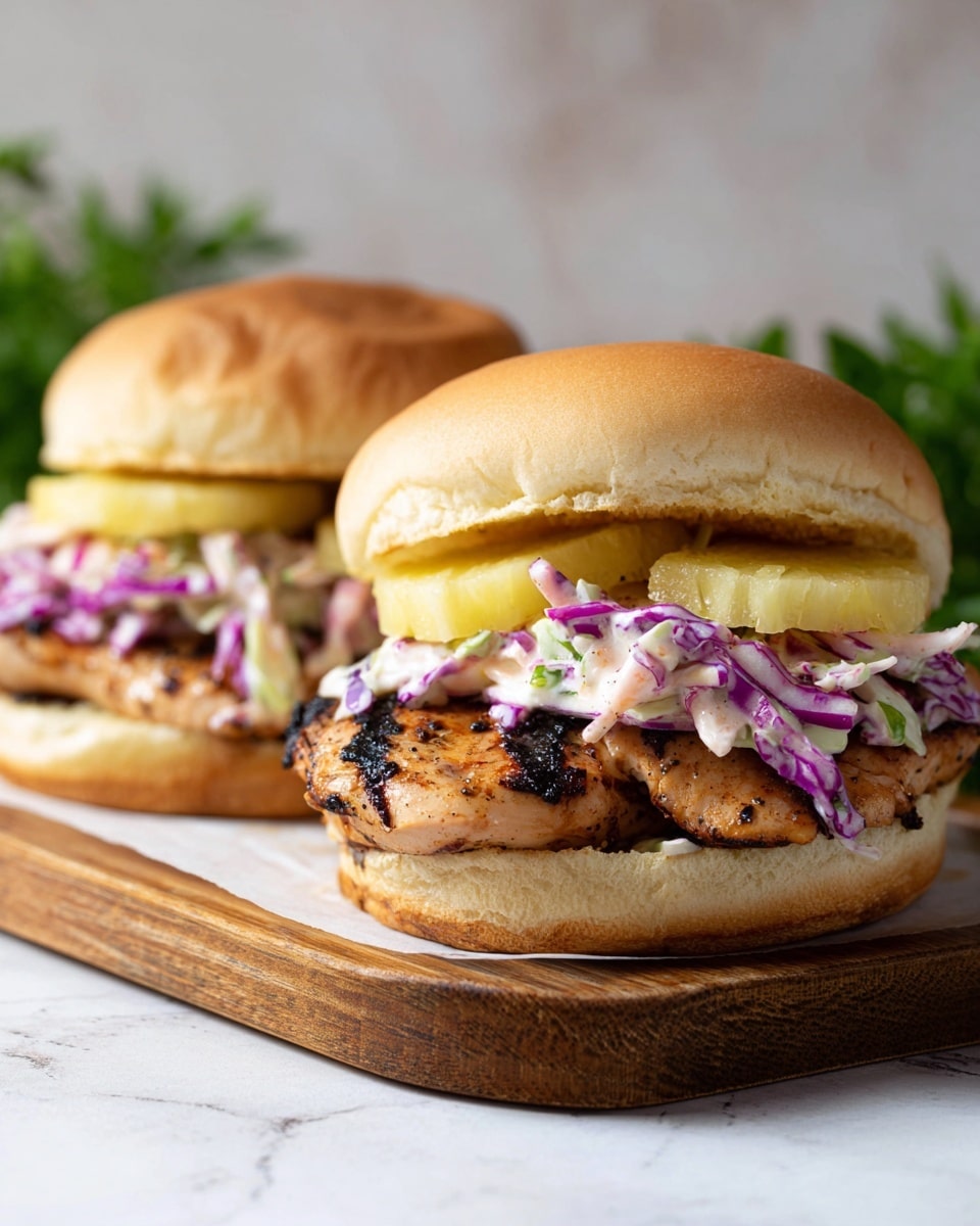 Two grilled chicken sandwiches are placed on a wooden board over a white marbled surface. Each sandwich has a soft, light brown bun with a slightly shiny top. Inside, there is a layer of grilled chicken breast with a shiny, slightly charred texture. On top of the chicken, there is a layer of light yellow grilled pineapple rings, followed by a layer of purple and white shredded coleslaw. The background is a soft blue color, slightly blurred. Photo taken with an iphone --ar 4:5 --v 7
