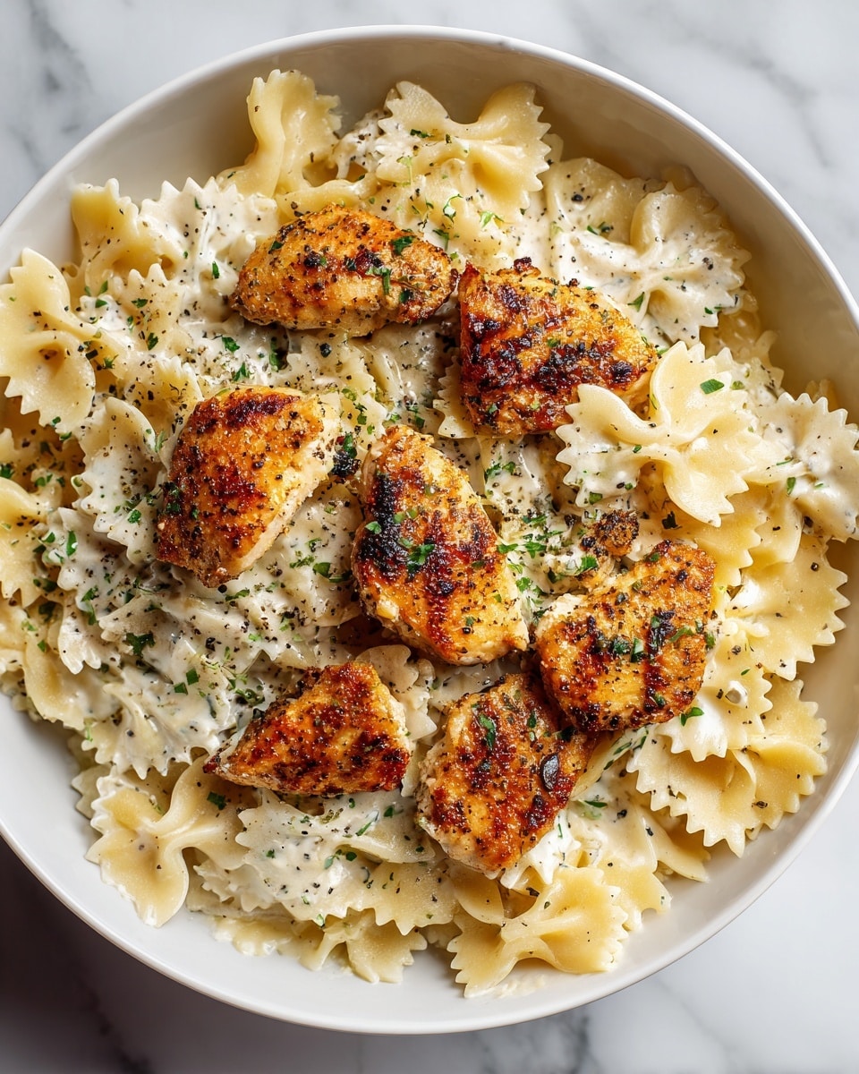 A close-up image of a white bowl filled with bow-tie pasta coated in creamy white sauce, topped with golden-brown seared chicken pieces sprinkled with small green herb bits, all resting on a white marbled texture. The chicken pieces are browned with a slight crispy texture on top, sitting evenly among the pasta, and the sauce looks smooth and thick, pooling slightly at the bottom. photo taken with an iphone --ar 4:5 --v 7