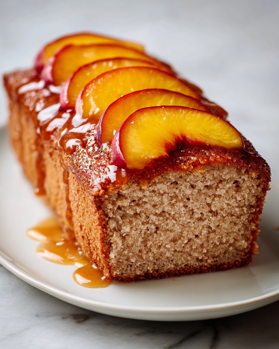 A moist, golden brown loaf cake with a slightly rough texture is placed on a simple white plate on a white marbled surface. The cake is sliced in half, showing a light tan, fluffy inside with small air holes. The top of the loaf features several thick slices of yellow peach with red edges, some parts dripping slightly with glossy, clear glaze that seeps down into the cake layers, making the edges look slightly sticky and shiny. Photo taken with an iphone --ar 4:5 --v 7
