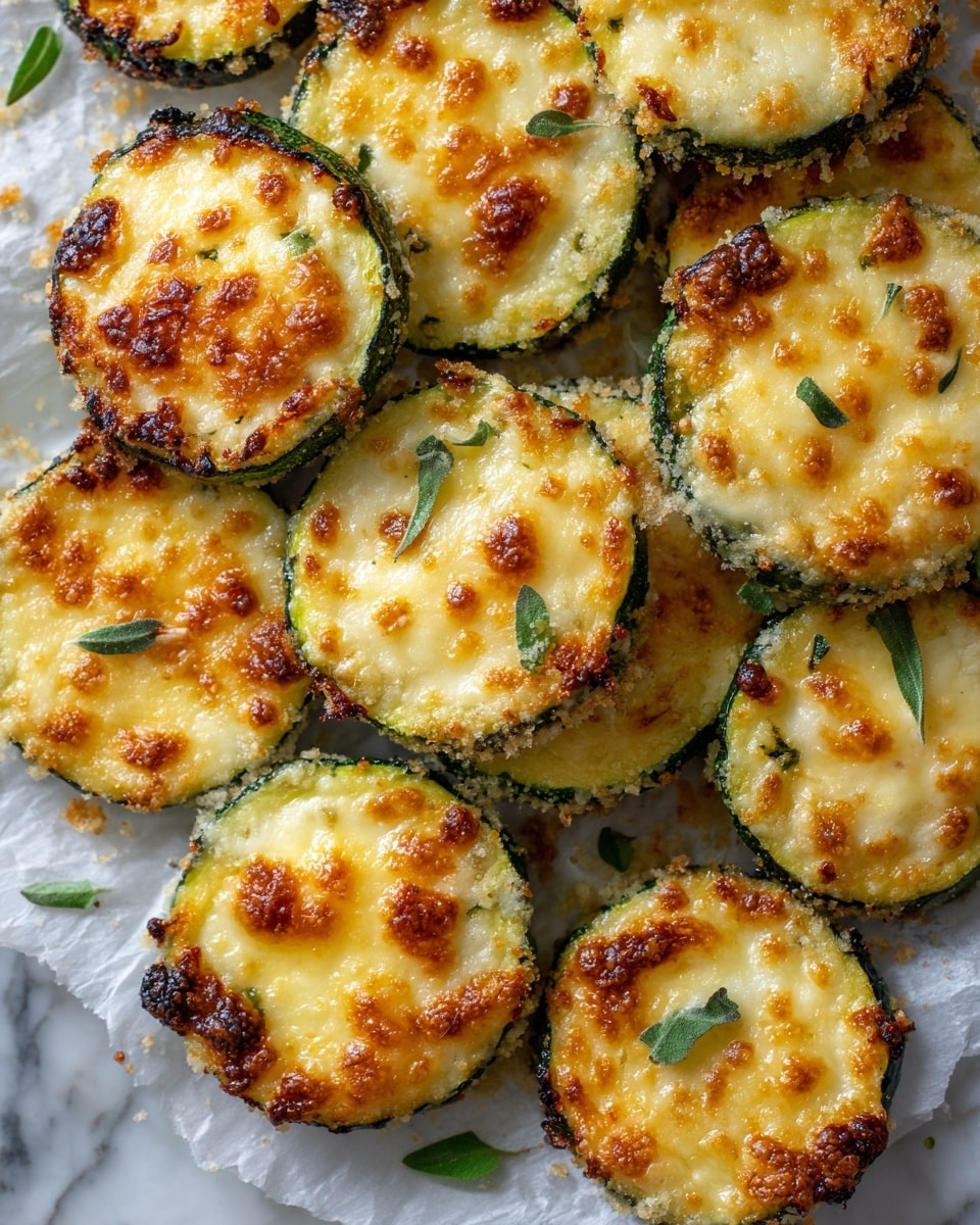 The image shows several round slices of zucchini baked with a golden-brown cheese layer on top. Each slice has a dark green outer skin ring, with a yellowish interior covered in a slightly crispy and bubbly cheese crust sprinkled with light, crumbly bits. The cheese layer is uneven with some browned spots, giving a crispy texture. Small green herb leaves are scattered on a few slices, and the zucchini rounds are placed closely together on a white marbled surface, possibly parchment paper. photo taken with an iphone --ar 4:5 --v 7