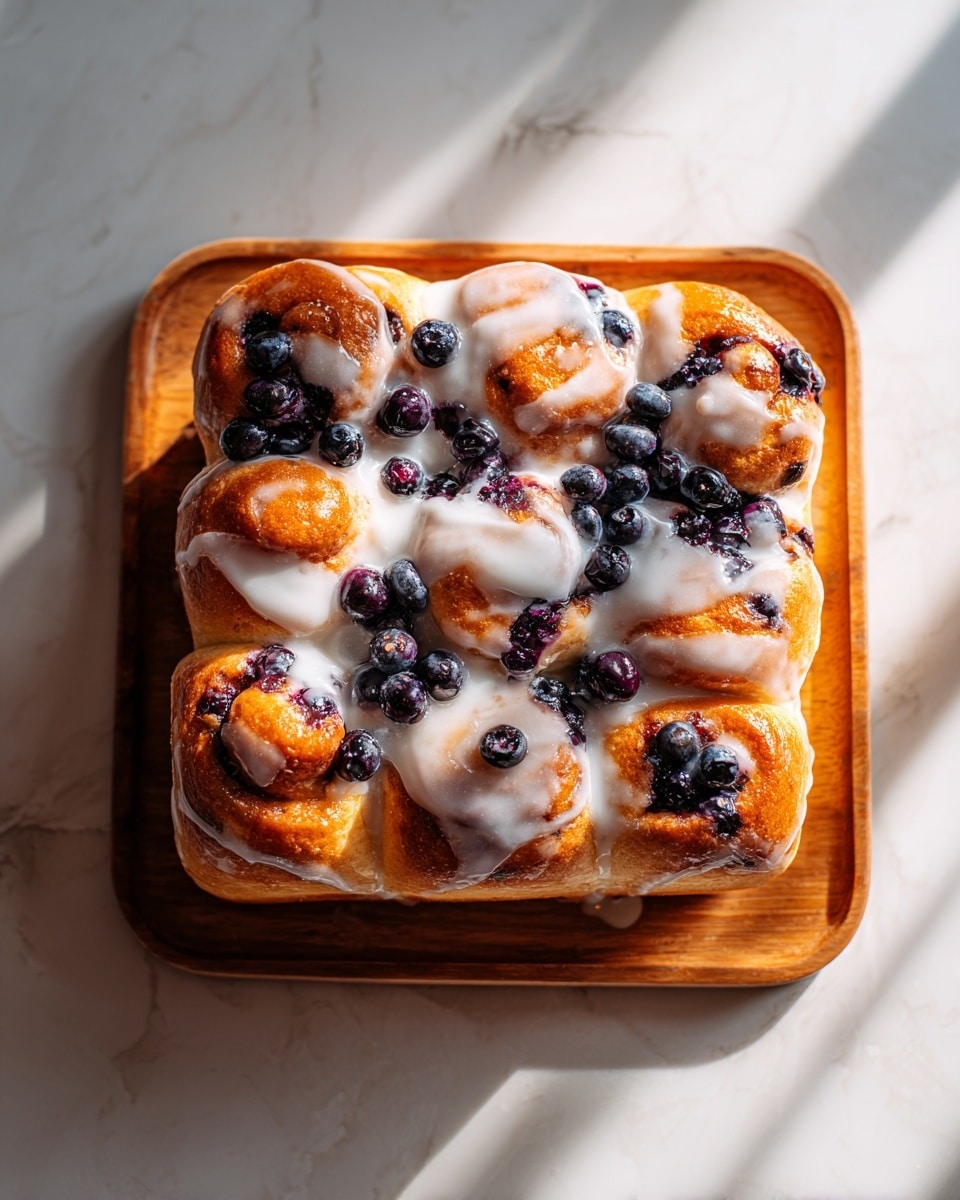 The dish is a square-shaped baked dessert with a golden-brown dough base divided into small round puffy sections. Each section is topped with whole dark blueberries, some partially sunken into the dough. A white shiny glaze is drizzled generously over the top, pooling slightly around the blueberries and dough sections, adding a glossy texture. The dessert sits on a wooden board with a blue cloth beneath it, all placed on a white marbled surface. photo taken with an iphone --ar 4:5 --v 7