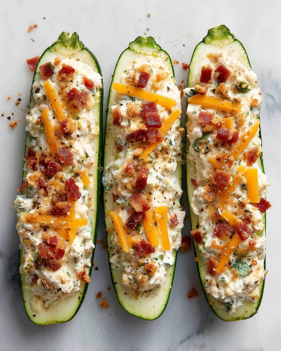 The image shows three green zucchini boats, each cut in half lengthwise and hollowed out to hold the filling. The filling is creamy white chicken mixed with small bits of crispy bacon scattered and melted yellow cheddar cheese slices layered on top. The zucchini skin is smooth and shiny, contrasting with the creamy and textured filling. The boats are arranged closely on a white marbled surface, capturing a fresh, tasty, and colorful look. Photo taken with an iphone --ar 4:5 --v 7