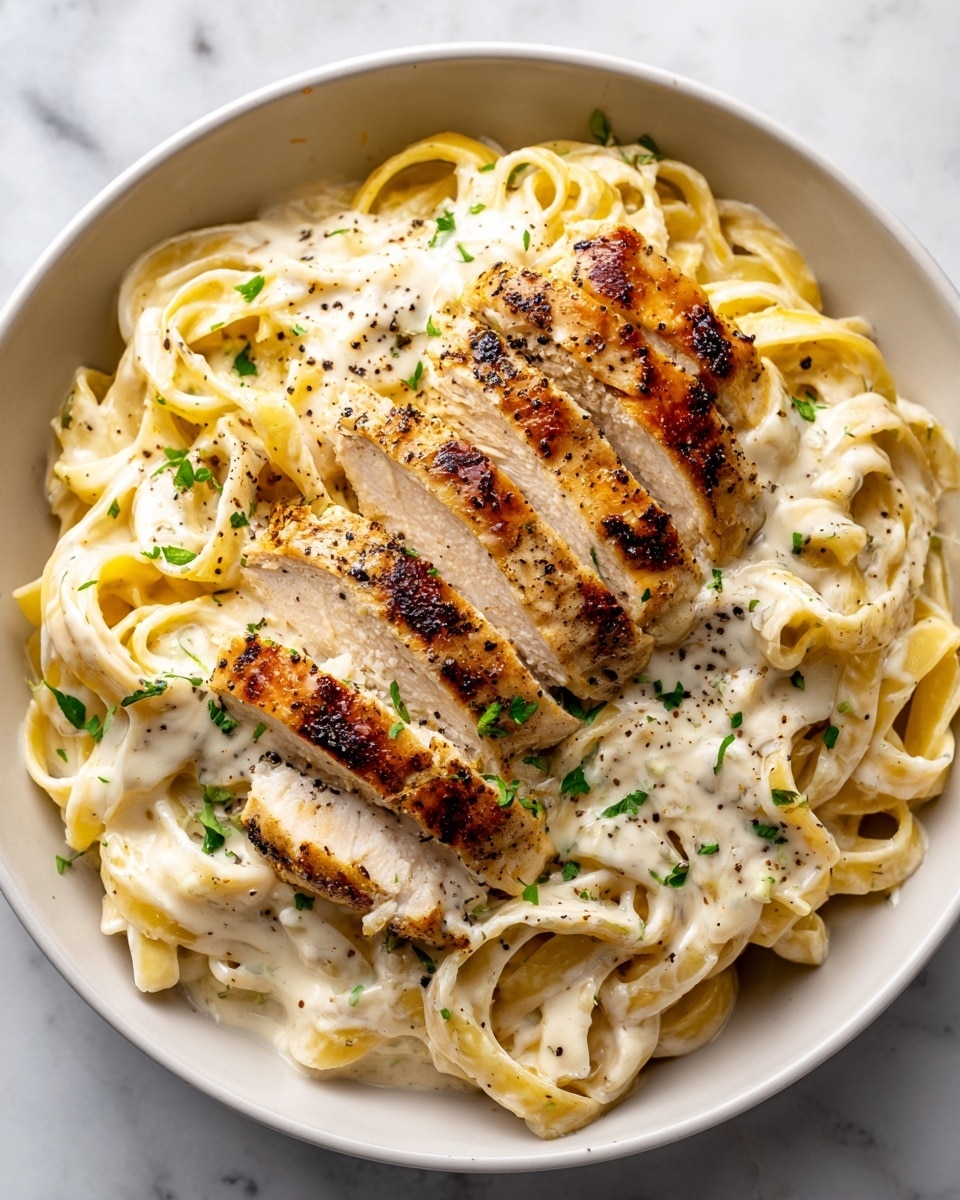 The image shows a white plate with creamy fettuccine pasta covered in a light, smooth white sauce. On top, there are several pieces of grilled chicken breast sliced into thick strips, with a golden-brown crispy outside and juicy inside. The dish is garnished with small green herbs and a few specks of black pepper. The creamy sauce slightly pools around the pasta, making it look rich and appetizing. Photo taken with an iphone --ar 4:5 --v 7
