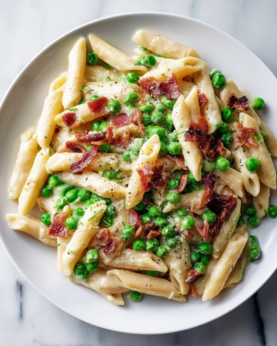 A close-up of a white bowl filled with creamy pasta made of short tubes, mixed with bright green peas and small pieces of crispy brown bacon. The pasta is coated in a smooth pale yellow sauce, and there is a light sprinkle of black pepper on top. The textures show soft pasta, juicy peas, and crunchy bacon bits, all mixed together. The background surface is white marble. Photo taken with an iphone --ar 4:5 --v 7