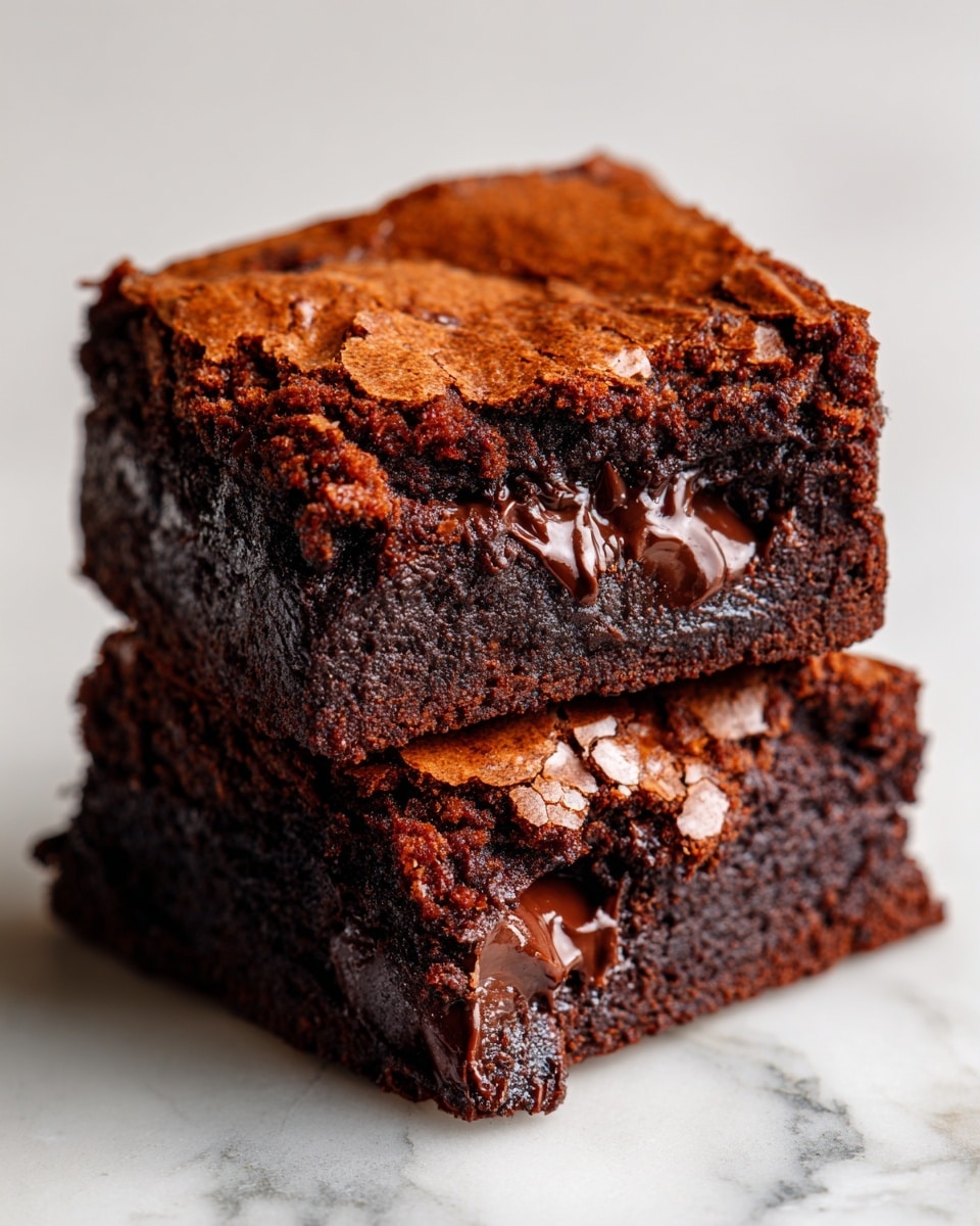 Two thick, square chocolate brownies stacked on top of each other on a white marbled surface, showing a gooey, dark chocolate center with melted chunks visible inside. The outer layer is slightly cracked and dry with a rich brown color, while the inside looks moist and dense with a shiny, almost fudge-like texture. Photo taken with an iphone --ar 4:5 --v 7