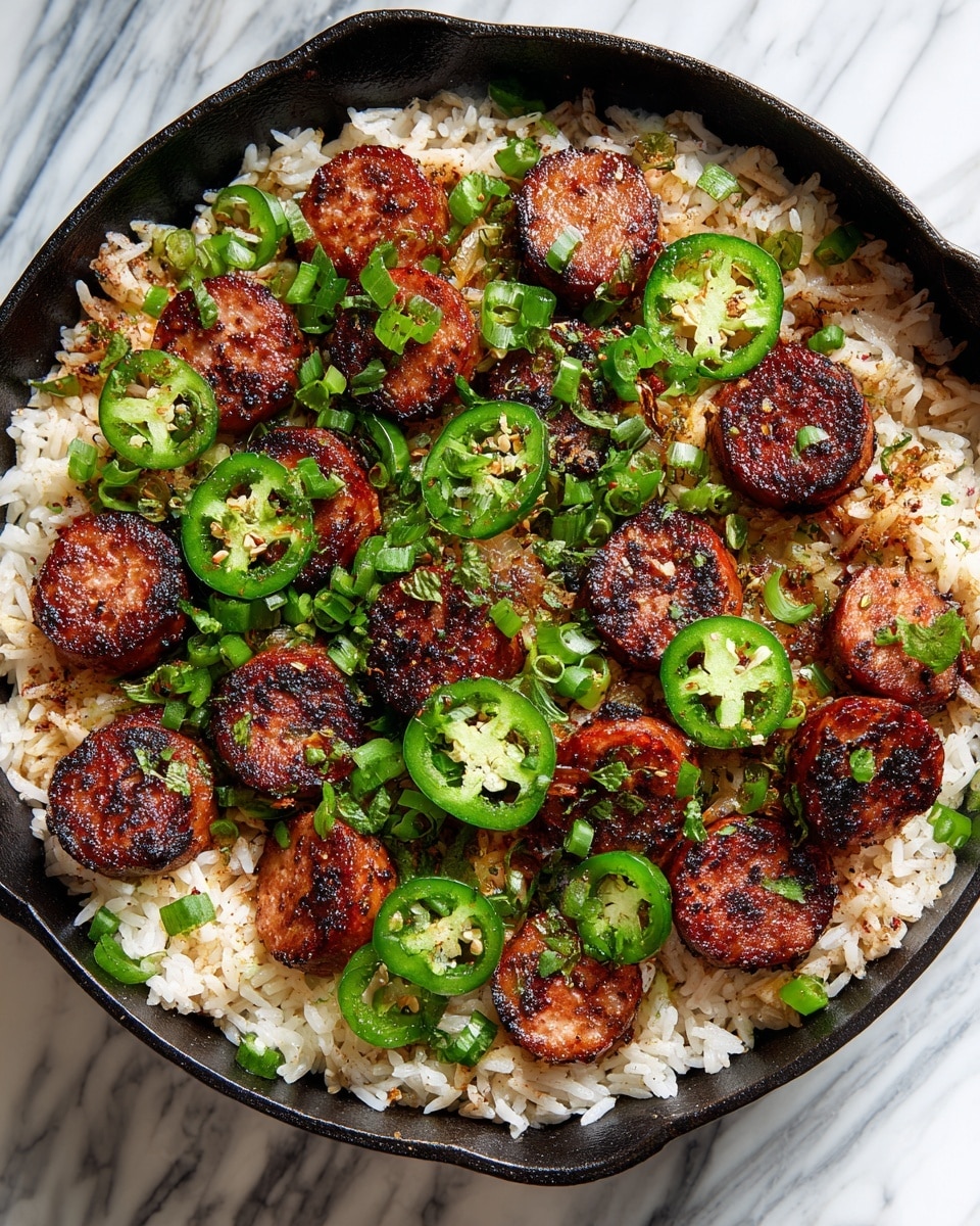 A black cast iron pan filled with a single layer of cooked white rice as the base, mixed with small diced light green celery pieces and small chopped white onions scattered throughout. On top, there are several brown, slightly charred sausage slices evenly placed, along with sliced green jalapeño peppers adding spots of darker green color. The pan rests on a white marbled surface. photo taken with an iphone --ar 4:5 --v 7