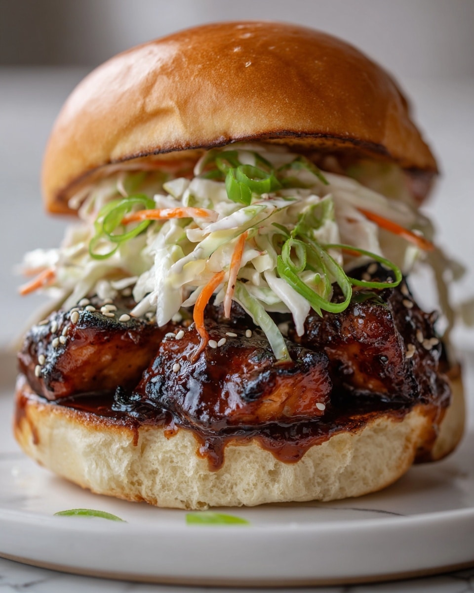 A close-up of a sandwich with a toasted light brown bun on top and bottom. The bottom bun holds a thick layer of dark brown, glossy, grilled pieces of meat covered in a shiny sauce and sprinkled with white sesame seeds. Above the meat is a fresh, crunchy mix of shredded white and orange vegetables, topped with green sliced scallions and more white sesame seeds. The sandwich is placed on a white plate on a white marbled surface. Photo taken with an iphone --ar 4:5 --v 7