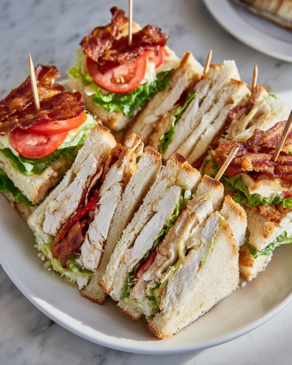A white plate holds four sandwich quarters arranged neatly in a square form, each quarter layered with three slices of toasted golden-brown bread. Inside, the bottom layer is fresh, frilly green lettuce, followed by a thick, juicy red tomato slice, then crispy, reddish-brown bacon strips, and finally a thick piece of white, cooked turkey breast. A light layer of creamy mayonnaise is spread on the bread, visible near the lettuce. The sandwiches are held together with wooden toothpicks on a white marbled surface. photo taken with an iphone --ar 4:5 --v 7