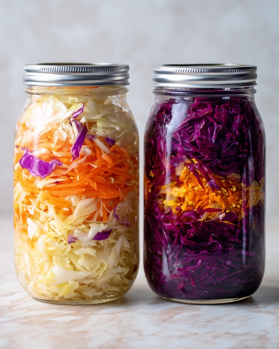 Two glass jars with silver metal lids sit side by side on a white marbled surface. The left jar is filled with light yellow shredded cabbage mixed with bright orange carrot slices and small bits of purple cabbage, showing a mix of soft and crisp textures tightly packed inside. The right jar holds deep purple shredded cabbage mixed with the same bright orange carrot pieces and small green specks, making a colorful layered look with the purple cabbage dominating the jar. Both jars are clear and show the fresh mixed vegetables inside clearly. photo taken with an iphone --ar 4:5 --v 7