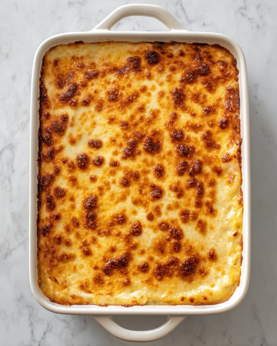 A square white baking dish holds a freshly baked casserole with a single visible layer of golden-brown melted cheese on top, showing an evenly browned and bubbly texture with slightly darker spots around the edges. The edges of the casserole are slightly crisp and pull away from the sides of the dish, revealing a thick, creamy filling beneath the cheese crust. The dish is placed on a white marbled surface that adds a clean, bright contrast. photo taken with an iphone --ar 4:5 --v 7