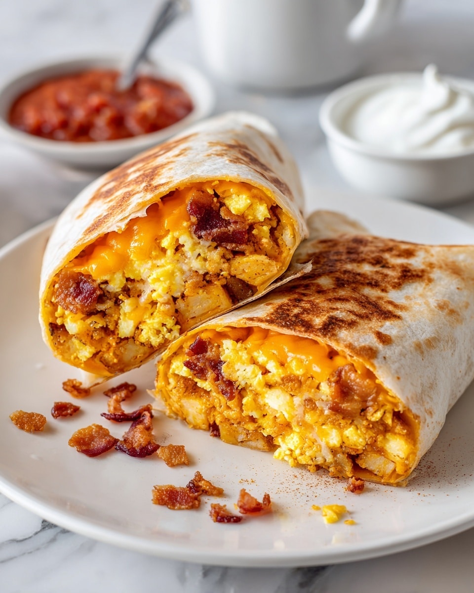 A white plate holds a breakfast burrito cut in half, showing three main layers inside: the bottom layer is light brown crispy potatoes with a slightly rough texture, the middle layer is fluffy yellow scrambled eggs, and the top layer is melted orange cheddar cheese with crispy dark brown bacon pieces mixed into the eggs. The tortilla wrap is lightly browned and folded neatly around the fillings. Around the plate are a few small crumbs. In the background on a white marbled surface, there is a small bowl of red salsa on the left and a spoon with white sour cream on the right. Photo taken with an iphone --ar 4:5 --v 7