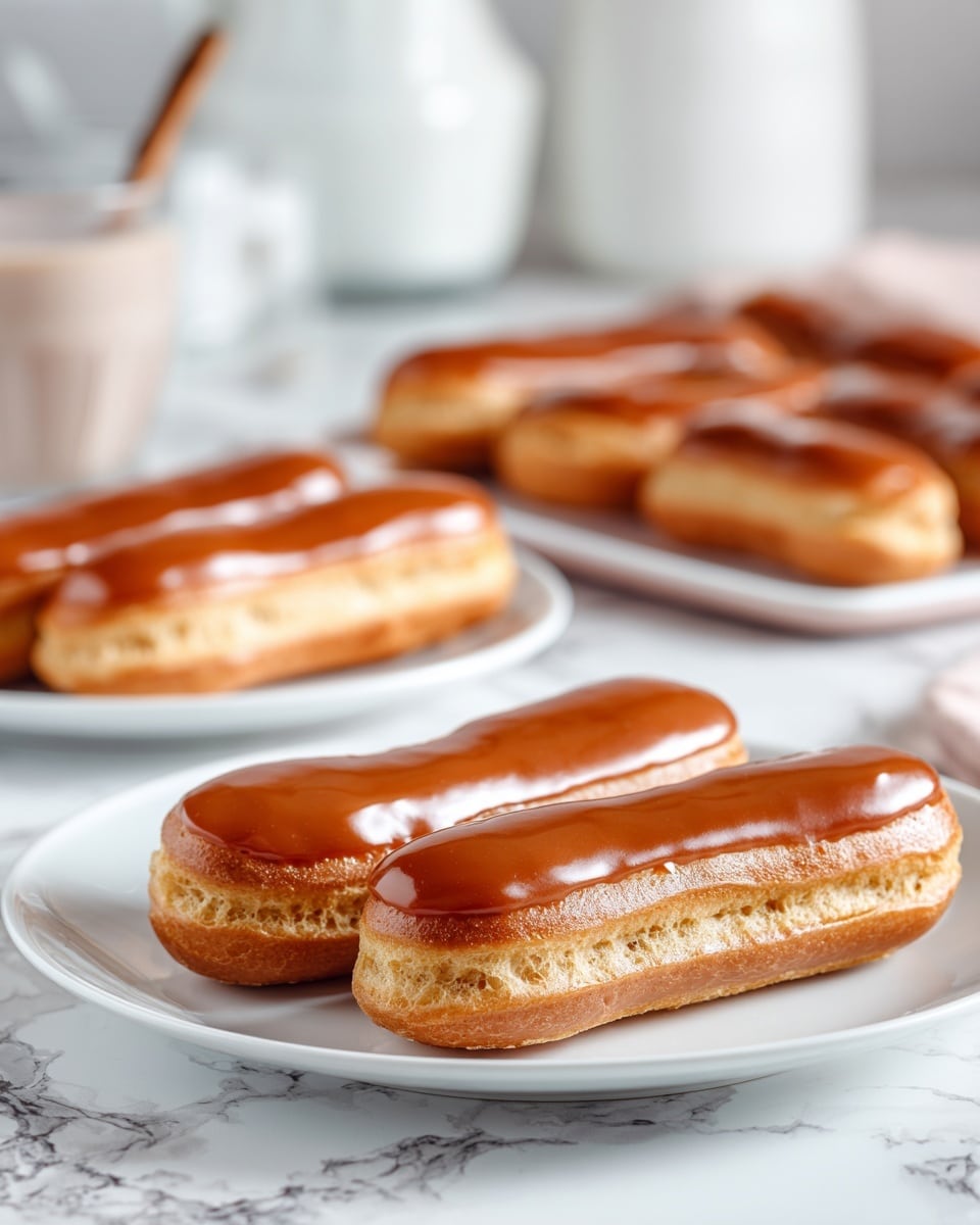 The image shows two white plates on a white marbled surface. Each plate holds six caramel-glazed éclairs arranged in neat rows. The éclairs have a light golden-brown pastry base with a smooth, shiny caramel layer on top that looks thick and glossy. The caramel topping is evenly spread with a polished texture that slightly catches the light. The background is softly blurred, keeping the focus on the éclairs. Photo taken with an iphone --ar 4:5 --v 7