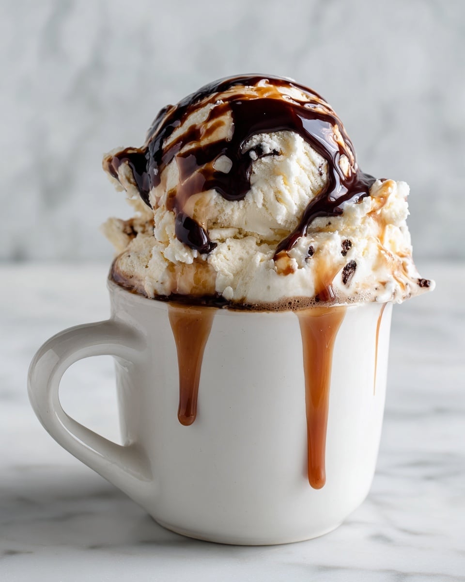 A white mug filled with several scoops of creamy vanilla ice cream dotted with small chocolate chunks. The ice cream is drizzled generously with smooth caramel and dark chocolate sauce that softly flows down the sides of the mug. The mug sits on a white marbled surface, with the thick sauces creating rich contrast against the pale ice cream and bright white mug. photo taken with an iphone --ar 4:5 --v 7