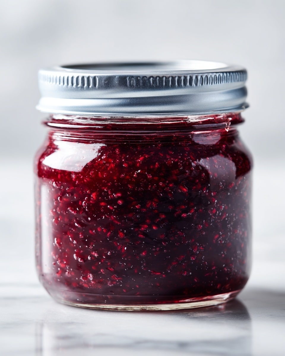 A small, clear glass jar filled with dark red jam with visible whole berries, giving it a thick and textured look. The jam is packed tightly inside the jar, showing some shine and a glossy surface. The jar has a silver metal lid screwed on top, with smooth ridges around it. The jar is placed on a white marbled surface with a soft, bright background that adds a clean and fresh appearance. photo taken with an iphone --ar 4:5 --v 7