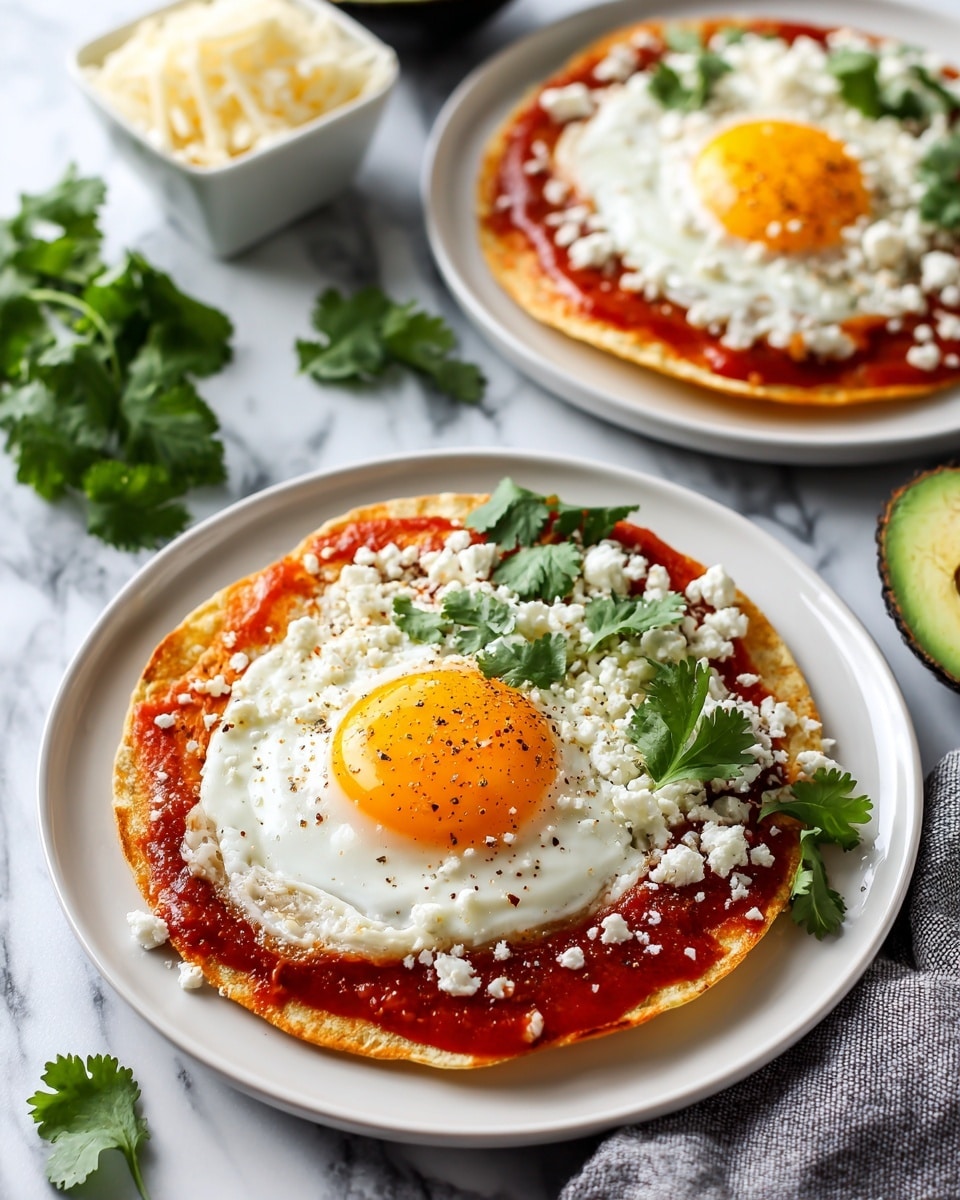 Two white plates each hold a dish made of a thin, light brown tortilla base. On each tortilla is a layer of red tomato sauce, topped with a fried egg with a bright yellow yolk in the center. Crumbled white cheese is scattered over the sauce around the egg, along with fresh green cilantro leaves. The plates are placed on a white marbled surface, with a small white bowl of cheese, a halved avocado, and a bunch of cilantro in the background. A gray cloth is also partially visible on the right. Photo taken with an iphone --ar 4:5 --v 7