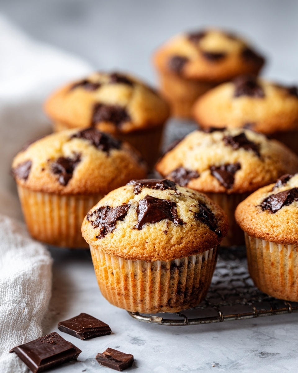 The image shows a close-up view of around a dozen chocolate chip muffins arranged on a black cooling rack and partly on a white marbled surface. Each muffin is golden brown with a slightly rough, soft texture on top, with several dark brown chocolate chips embedded and some on the surface, scattered unevenly. The muffin wrappers are light brown and ridged, holding the muffins firmly. In the background, there is a white cloth partially covering the surface, and a few pieces of broken chocolate bars are placed near the bottom left corner. The warm light highlights the moist texture and rich chocolate pieces, creating a cozy and inviting look. Photo taken with an iphone --ar 4:5 --v 7