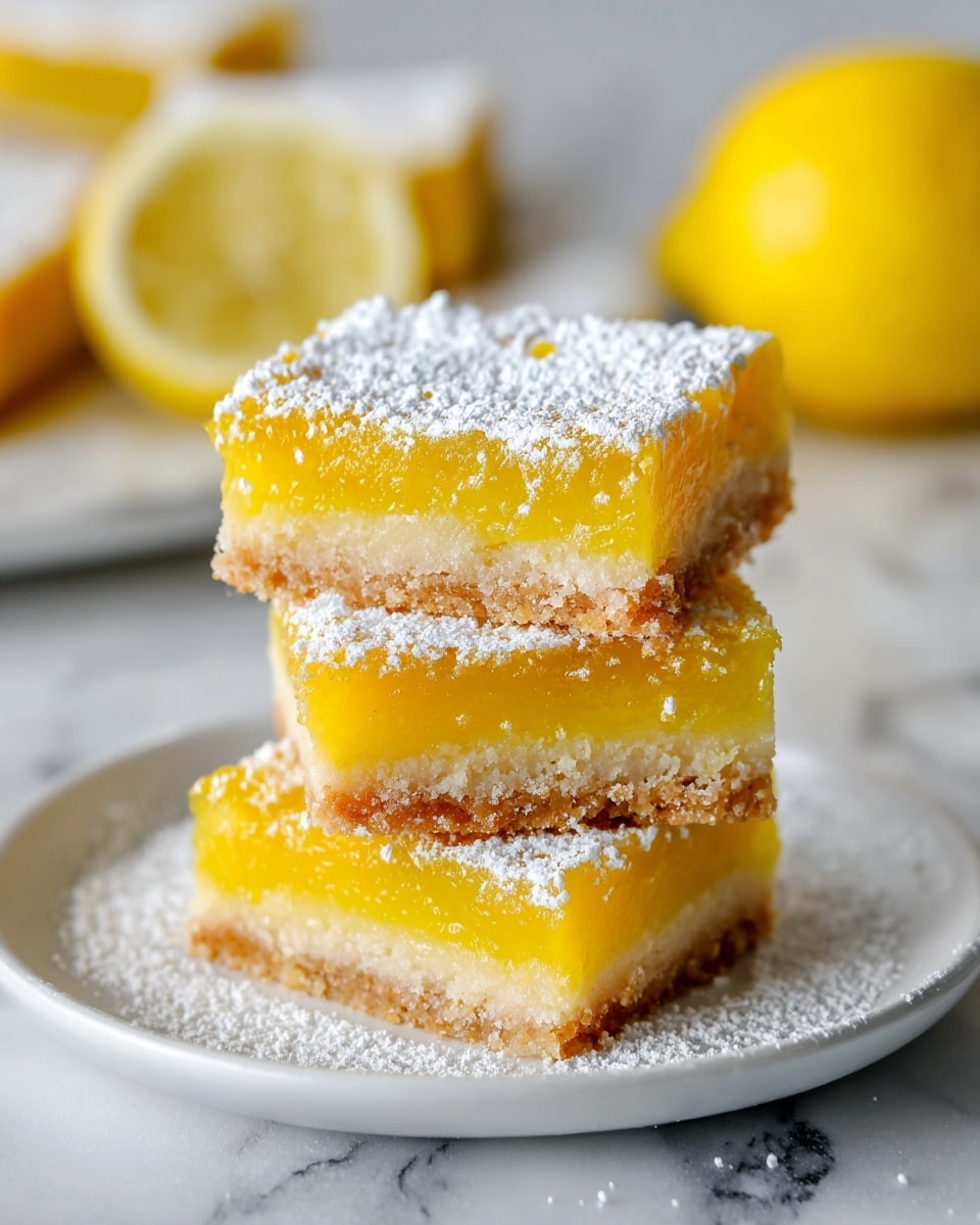 Four lemon bars are stacked on a white plate, each bar having two layers: a thick, bright yellow, smooth and glossy lemon filling on top with a dusting of powdered sugar, and a light golden crumbly crust at the bottom. The bars are cut into squares and arranged in a pyramid shape with three on the bottom and one resting on top. The plate is placed on a white marbled surface with a whole lemon and a halved lemon slightly out of focus in the background. Photo taken with an iphone --ar 4:5 --v 7
