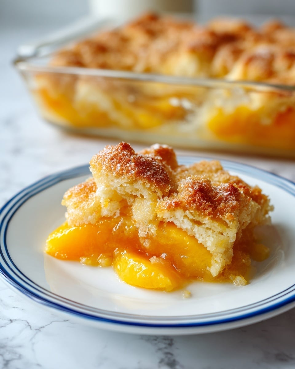 The image shows a warm peach cobbler served on a white plate with a blue-green rim. The cobbler has three visible layers: the bottom layer is juicy, bright orange cooked peach slices, the middle layer is a soft, light golden dough that looks fluffy, and the top layer is a crumbly golden-brown crust with sugar crystals sparkling on top. Behind the plate is a white baking dish filled with more cobbler, and to the left are a gold fork and knife resting on a white marbled surface. Photo taken with an iphone --ar 4:5 --v 7