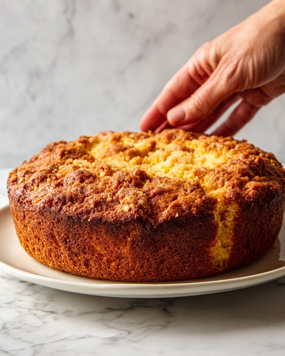 A round cake with a golden brown crust, showing a rough, crumbly top filled with chunks of bright orange fruit. The cake is thick, rising well above the white plate it sits on, and the texture looks soft inside with a slightly crispy outside. The fruit pieces are scattered unevenly on top and peek out from the cake, adding a juicy touch to the light brown crumb. The background is a white marbled surface. Photo taken with an iphone --ar 4:5 --v 7