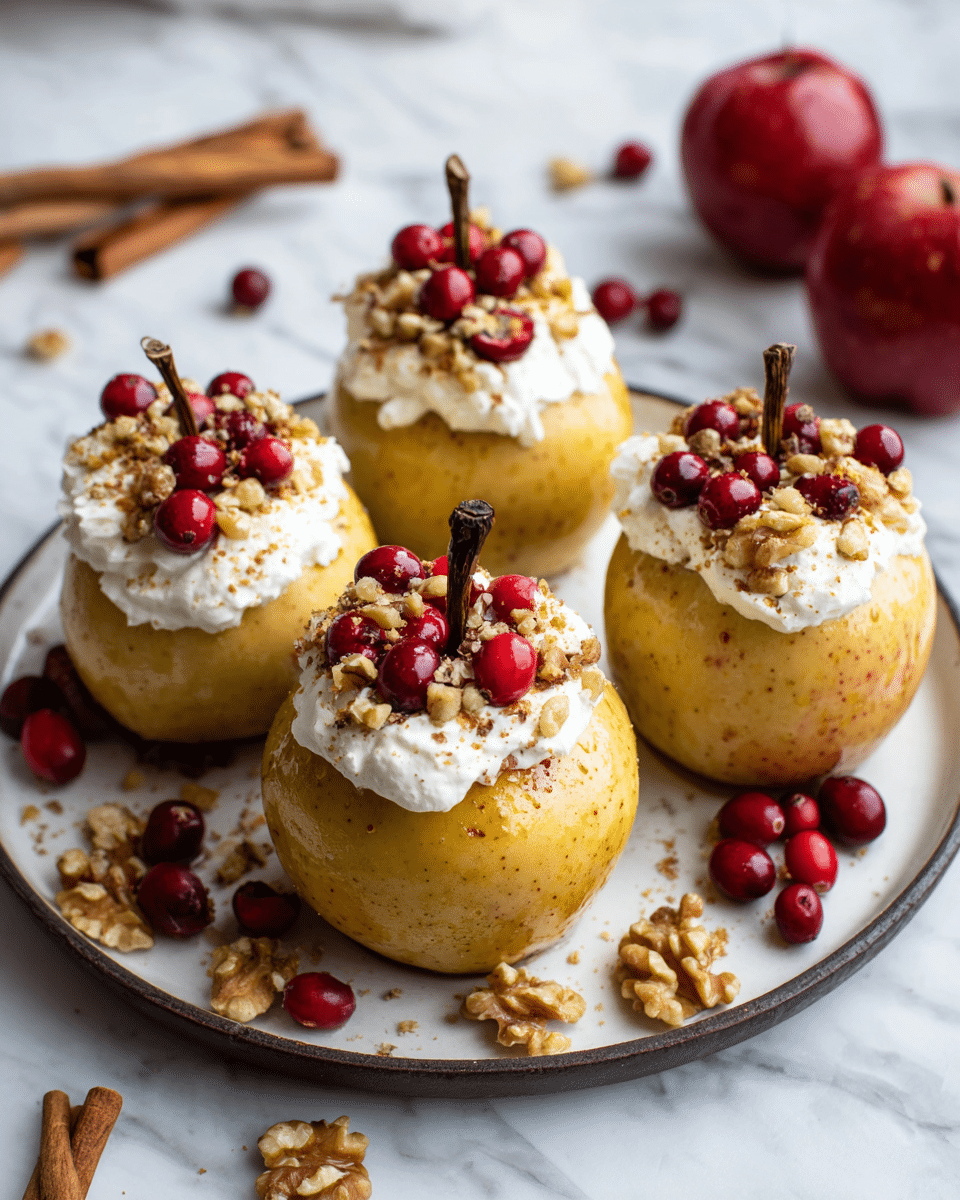The image shows four baked apples placed on a white plate with a dark base. Each apple is golden brown and slightly shiny from baking, with a cinnamon stick inserted like a stem. The apples are hollowed and filled with a generous layer of white cream or yogurt topping. On top of the cream, there are small red berries and chopped walnuts scattered around. The plate sits on a white marbled surface, with some whole cinnamon sticks and extra walnuts nearby, adding warm colors and texture to the setting. Photo taken with an iphone --ar 4:5 --v 7