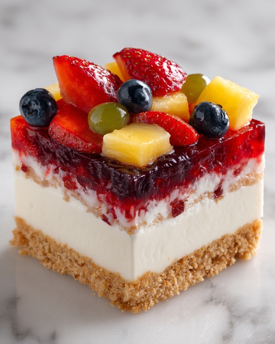 The image shows a close-up of a square fruit dessert with four layers on a white marble surface. The bottom layer is a crumbly brown crust with a rough texture. Above it is a thick white cream layer, smooth and fluffy. The third layer has a red jelly with bits of fruit inside, creating a slightly transparent and shiny look. The top layer is a mix of fresh fruit pieces in bright colors: red strawberries, dark blueberries, green grapes, and yellow pineapple chunks, all piled neatly and looking juicy. photo taken with an iphone --ar 4:5 --v 7