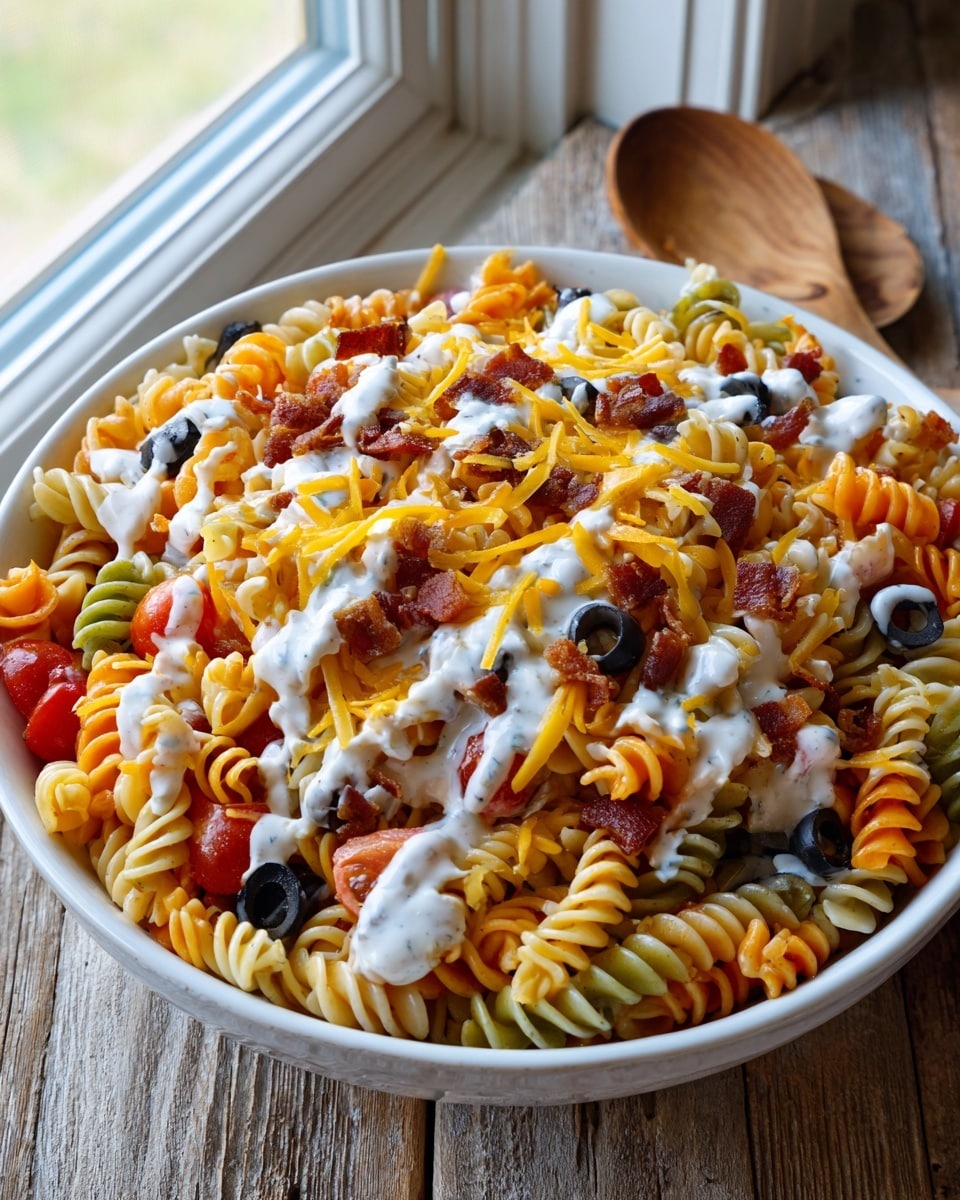 A white round bowl filled with tri-color rotini pasta as the base layer, showing spirals in orange, green, and pale yellow shades. Scattered on top are small browned bacon pieces, bright red diced tomatoes, and black olive slices evenly spread throughout. Thin shredded pieces of yellow cheddar cheese are sprinkled over the dish. Creamy white ranch dressing with visible herbs is drizzled on top, creating a contrast with the colorful ingredients. The bowl sits on a wooden surface near a window, with a wooden spoon placed beside it. Photo taken with an iphone --ar 4:5 --v 7