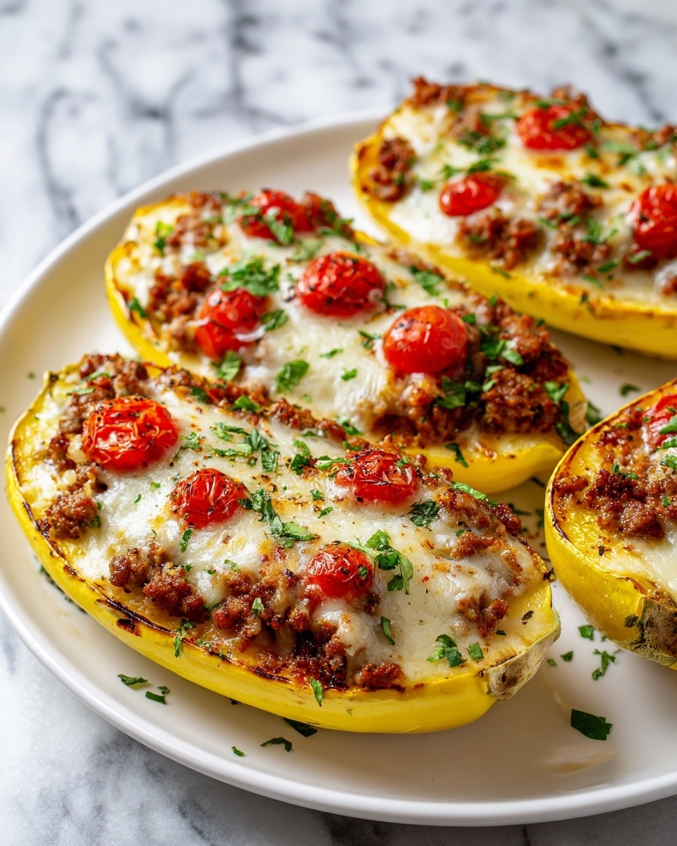 The image shows three yellow squash halves placed side by side on a white plate, each filled with a mixture of cooked ground meat and topped with melted white cheese. Small bright red cherry tomatoes are scattered over the cheese, adding color and texture. Green chopped herbs are sprinkled on top and around the squash, enhancing the freshness of the dish. The plate rests on a white marbled surface that highlights the vibrant colors of the food. photo taken with an iphone --ar 4:5 --v 7