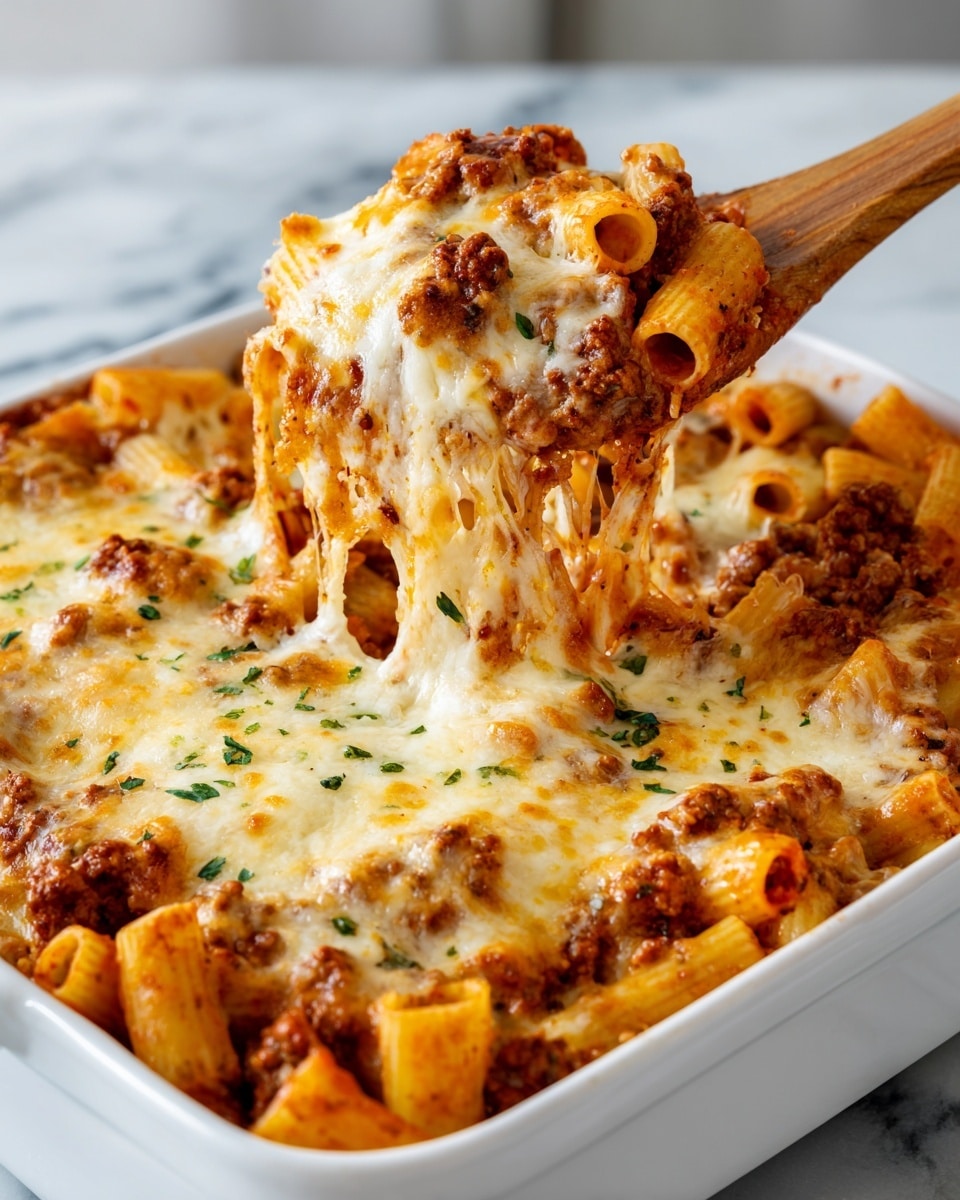 A white baking dish filled with a hot baked pasta dish that has three layers: the bottom layer is light orange cooked rigatoni pasta, the middle layer is a rich red-brown meat sauce with ground meat, and the top layer is melted, bubbly golden-brown cheese with some brown spots and small green parsley pieces sprinkled on top. A wooden spoon lifts a portion from the dish, showing long stretchy cheese strands coming from the pasta, with the sauce and cheese melting together. The dish sits on a white marbled surface. photo taken with an iphone --ar 4:5 --v 7