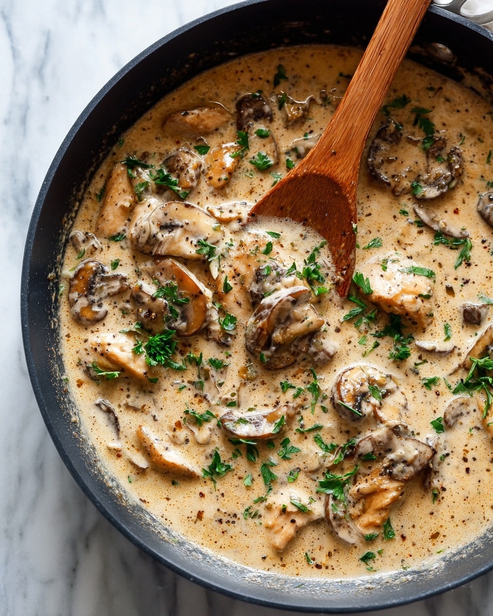A black pan filled with creamy light beige sauce mixed with sliced brown and white mushrooms and chunks of light-colored chicken. The sauce is thick and smooth, evenly covering all ingredients. Small green herb pieces are sprinkled on top, adding color contrast. A wooden spoon is placed inside the pan, partially submerged in the sauce, showing a curved polished surface. The background has a white marbled texture. Photo taken with an iphone --ar 4:5 --v 7